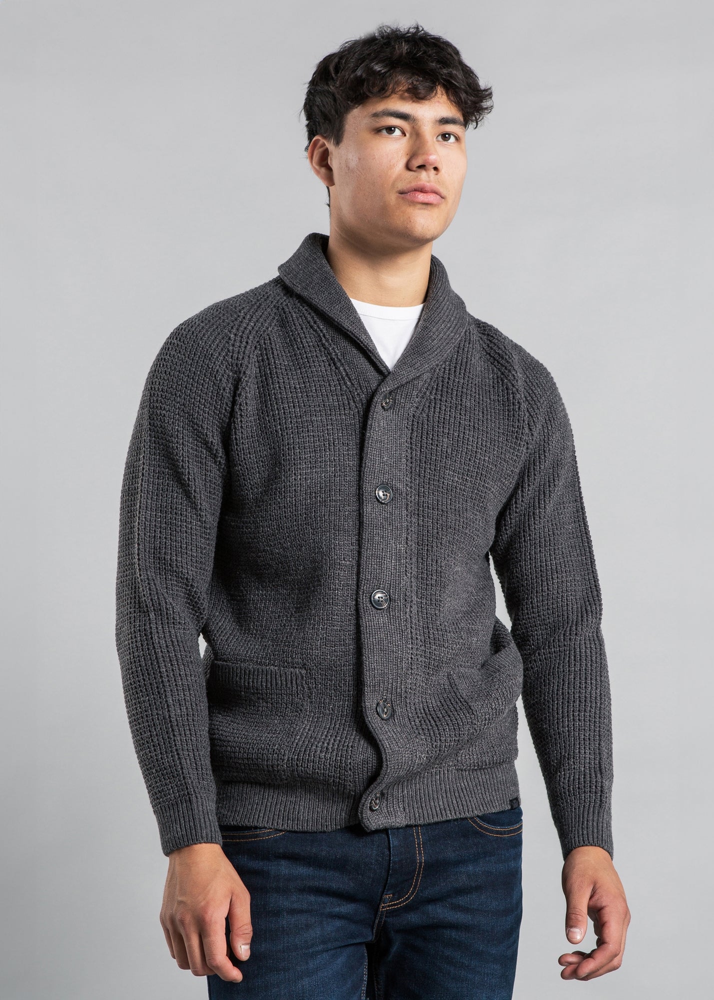 Tokyo Laundry Dark Grey Shawl Neck Waffle Knit Cardigan - M