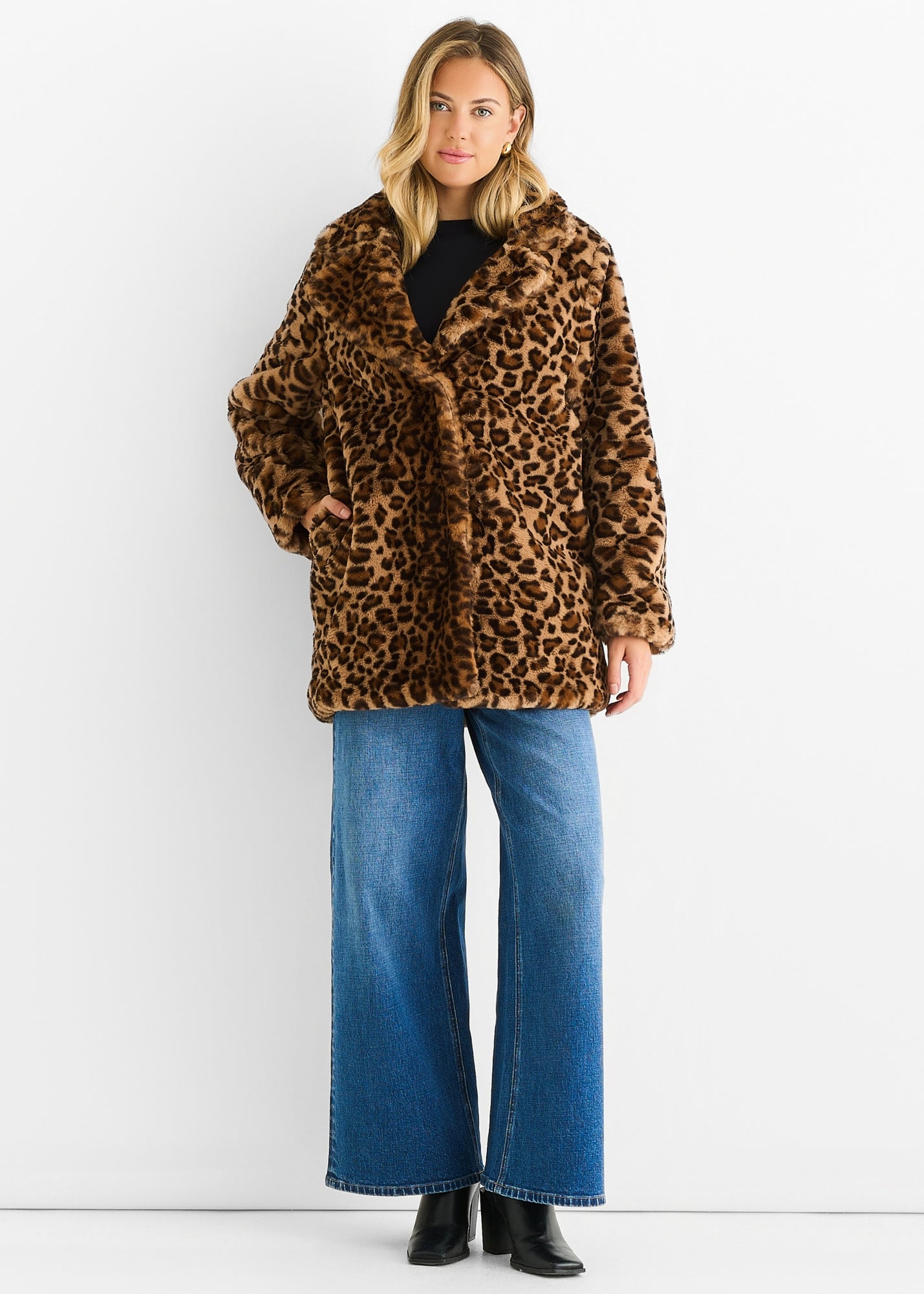 Gini London Brown Leopard Print Faux Fur Coat Jacket - S/M | Matalan