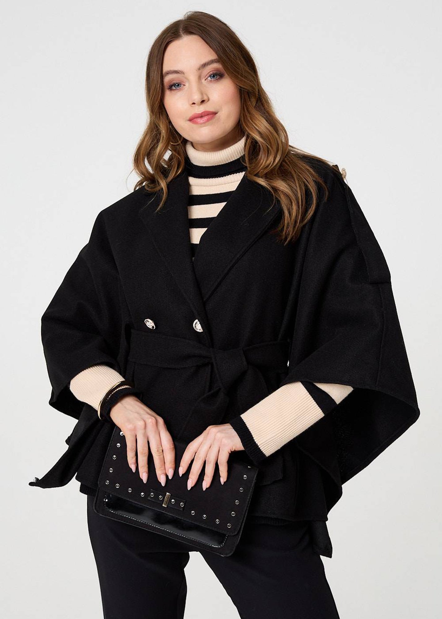 Izabel London Black Cape Coat With Belt - 12 | Matalan