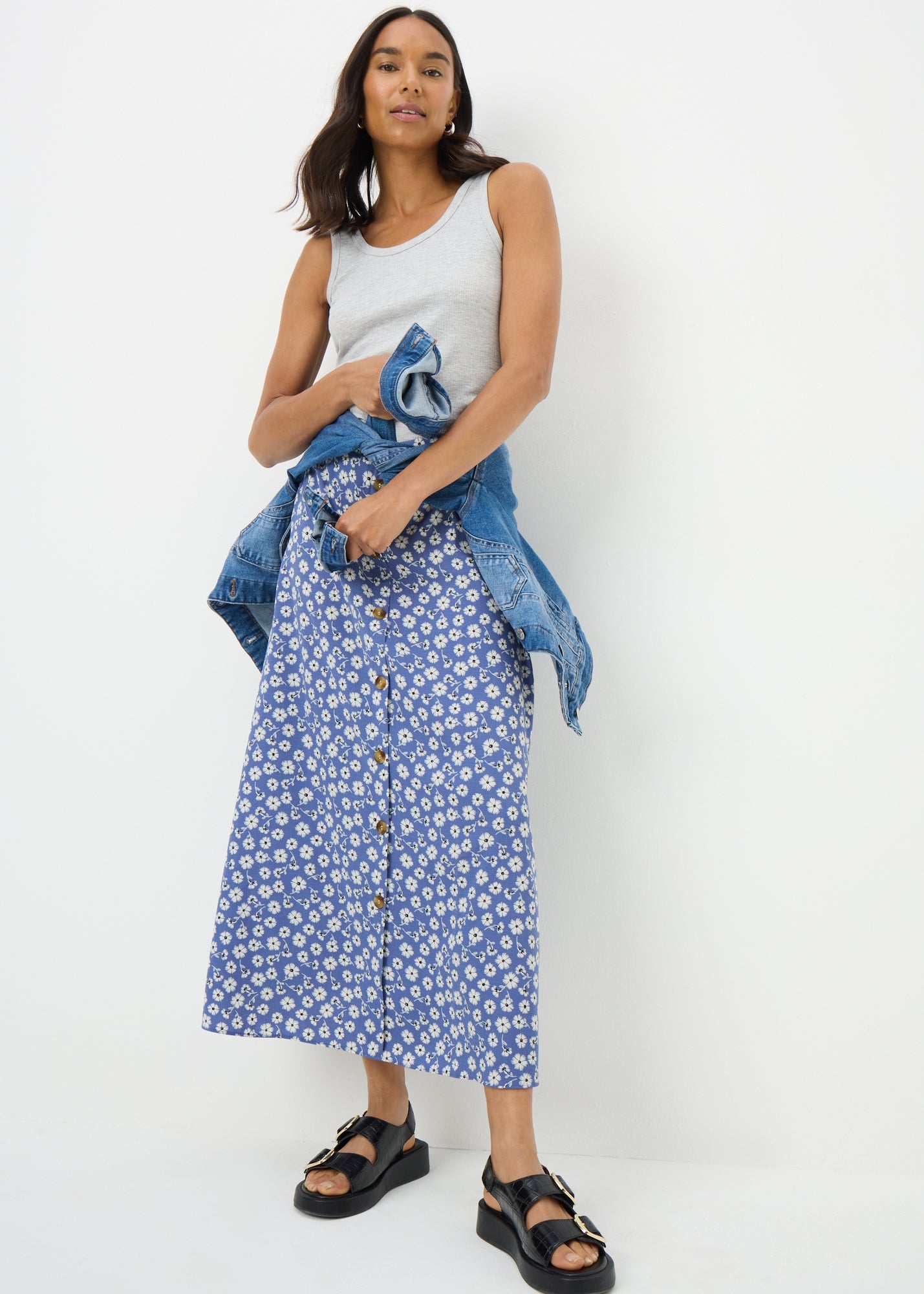 Blue Daisy Button Midaxi Skirt - 8 | Matalan