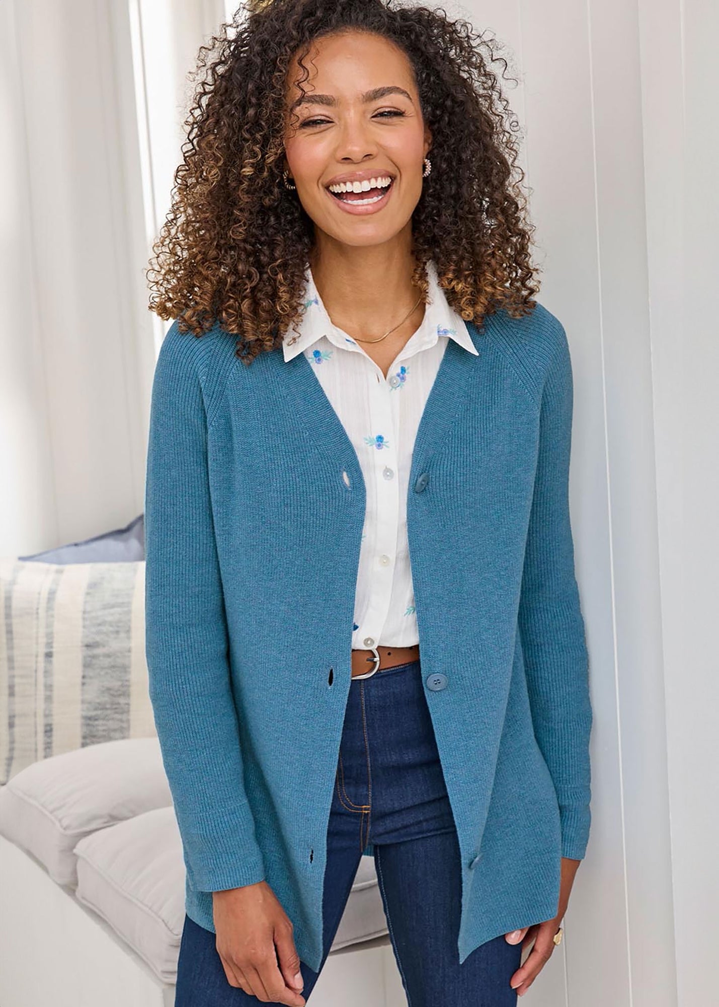 Cotton Traders Coastal Blue Longline Ribbed Cotton Cardigan - 10