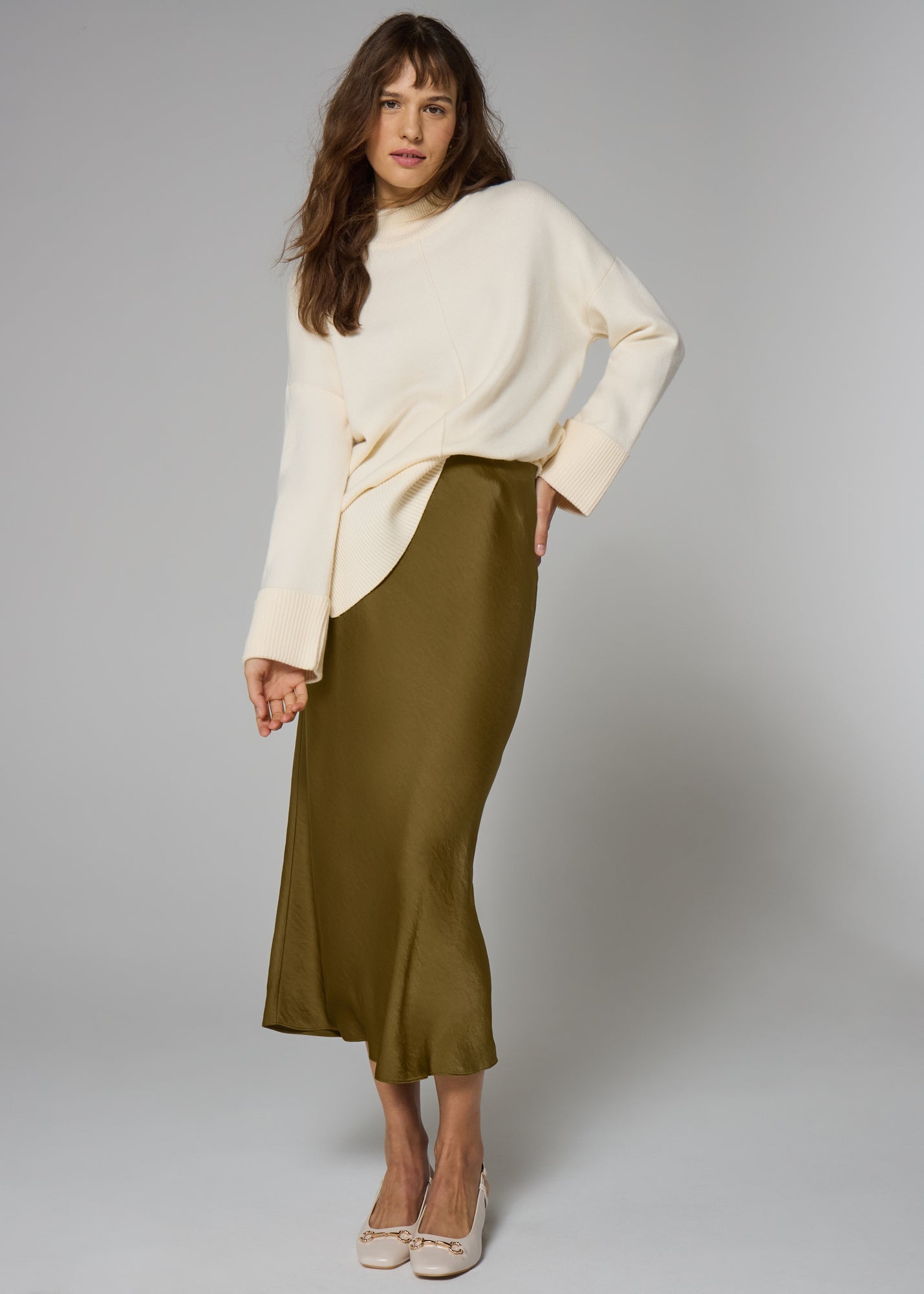 Et Vous Olive Green Satin Midaxi Skirt - 8 | Matalan
