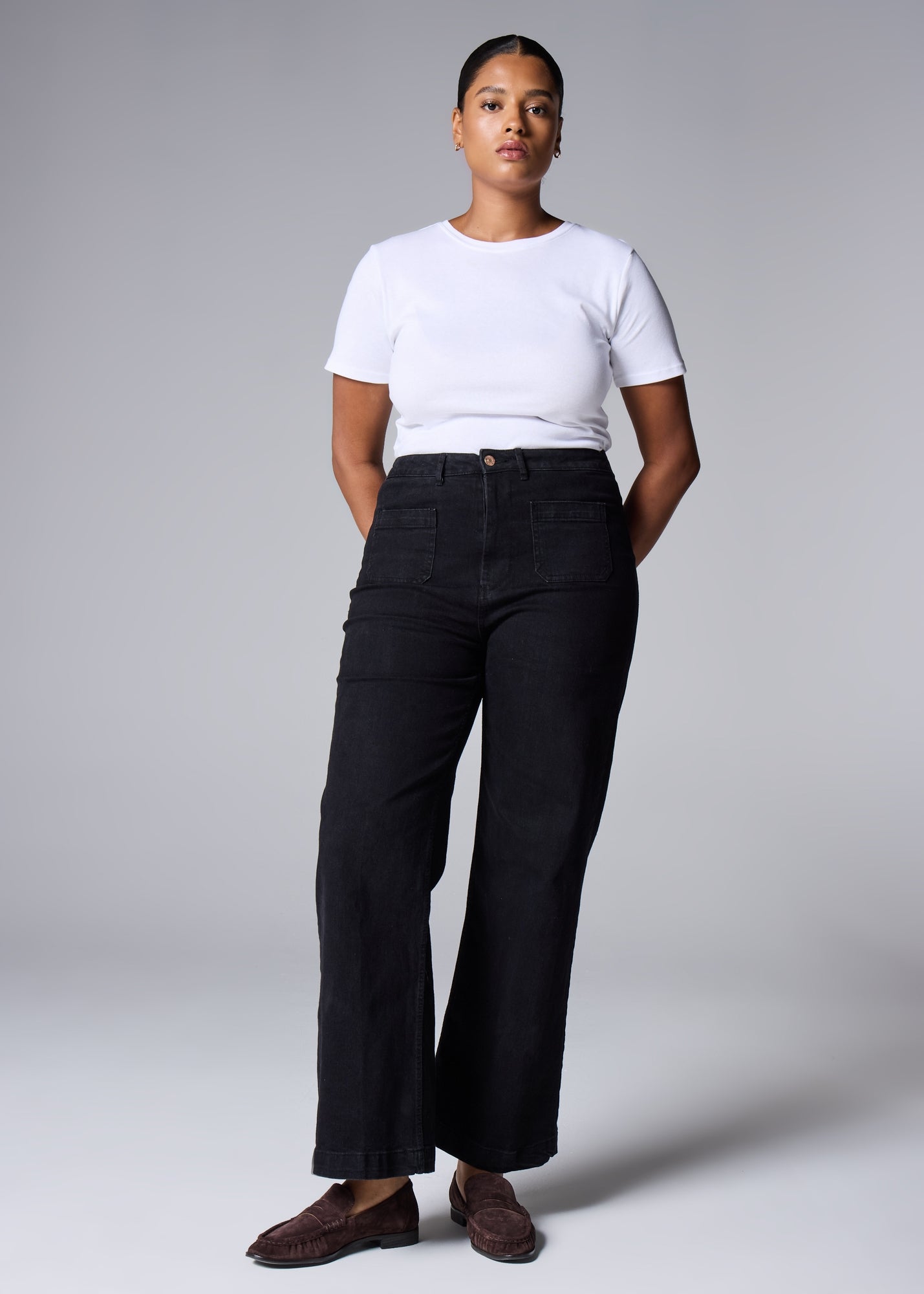Black Stretch Pocket Front Mid Rise Wide Leg Jeans - 8/L29 | Matalan