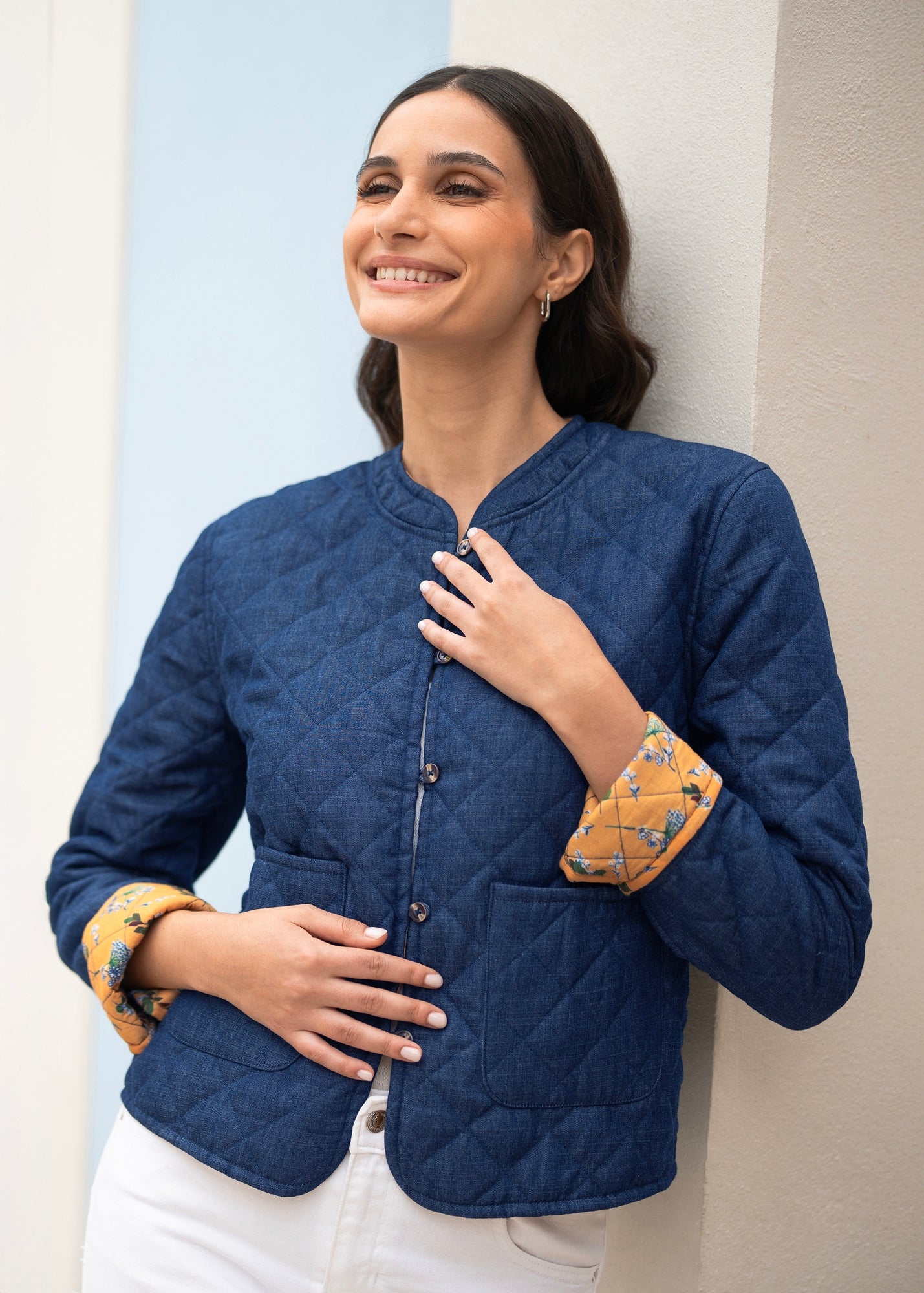 Yumi Blue Chambray Quilted Jacket With Reversible Floral Lining 