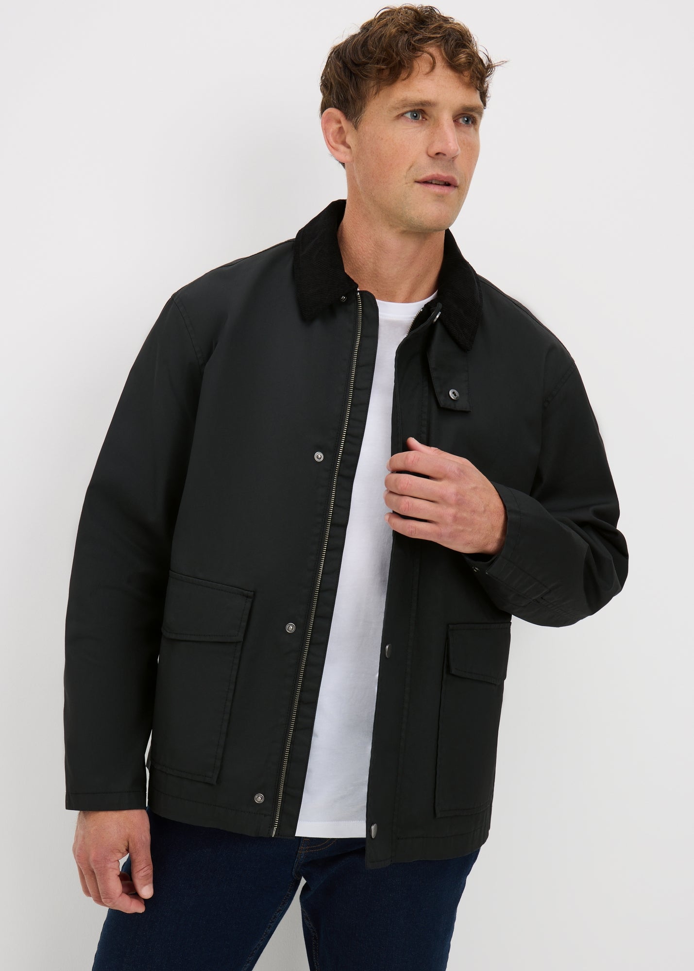 Black Waxed Cord Collared Jacket - S | Matalan