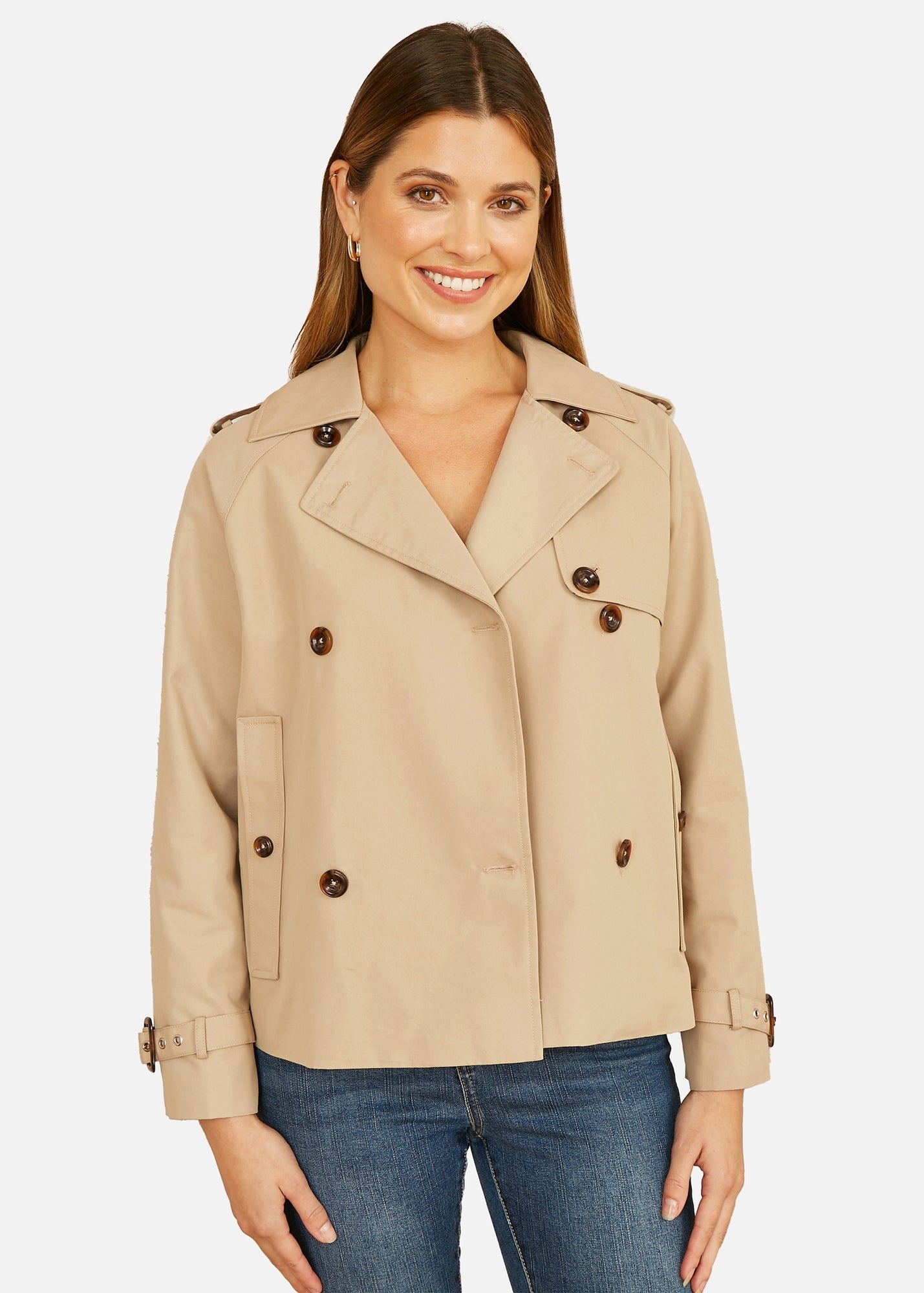 Yumi Beige Cropped Trench Jacket With Pockets & Check Lining - 8