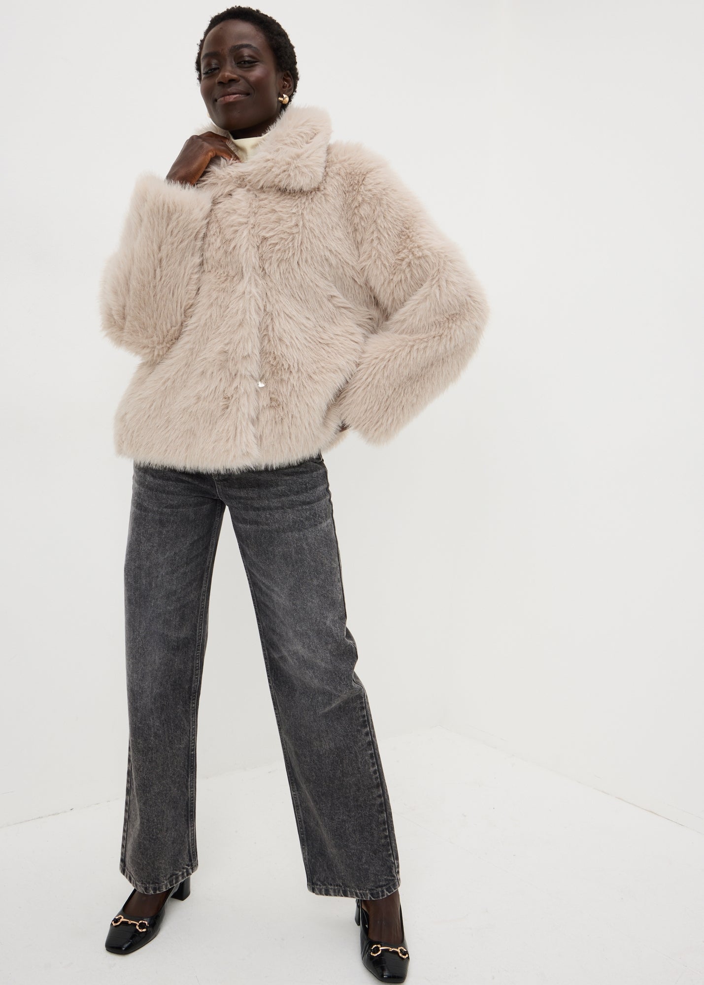 Beige Faux Fur Short Length Coat - 8 | Matalan
