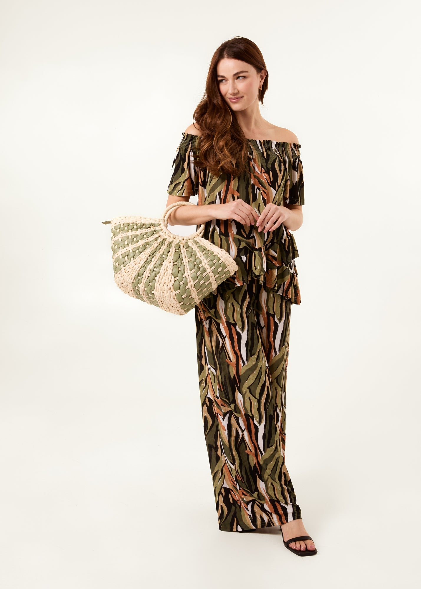 Blue Vanilla Khaki Plisse Tropical Print Wide Leg Trousers - S/M