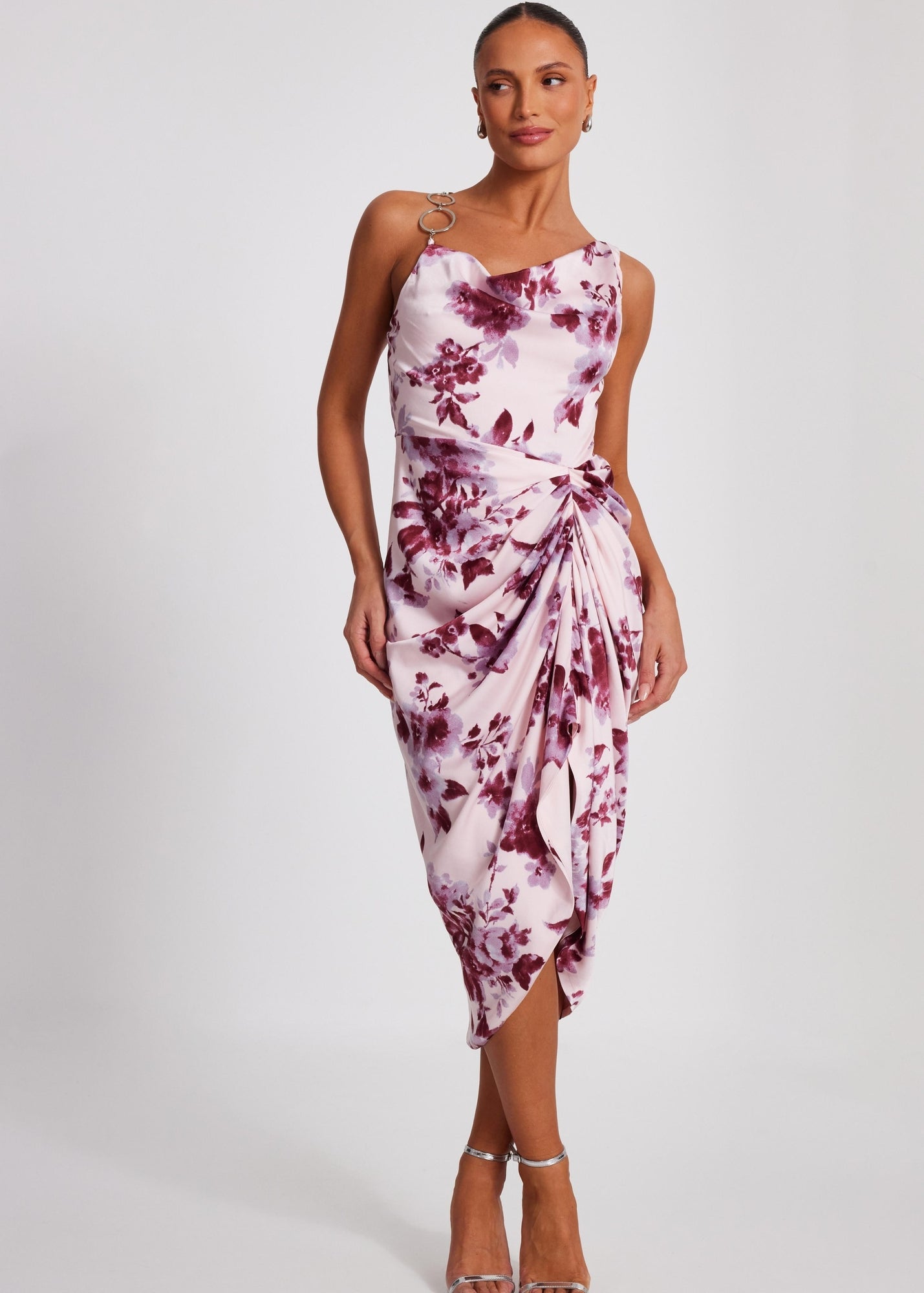 quiz pink floral dress Quiz Pink Satin Floral Midi Dress - 8