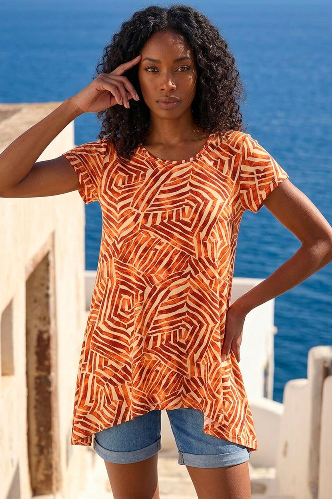 Roman Orange Leaf Print Hanky Hem Tunic Top - 12 | Matalan