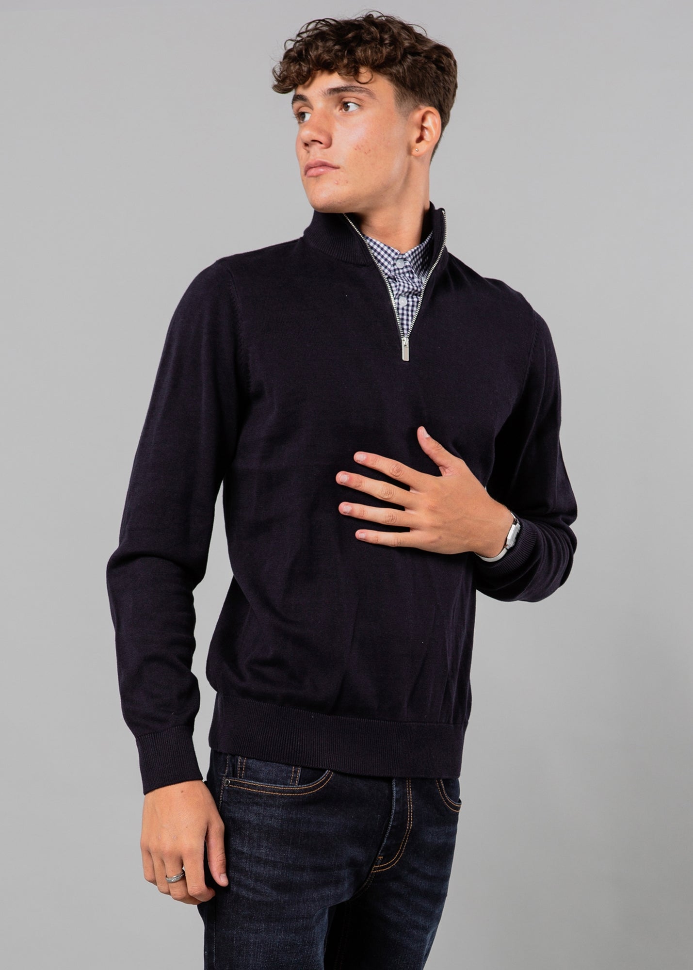 Kensington Eastside Navy Mock Checked Shirt 1/4 Zip Jumper - XL
