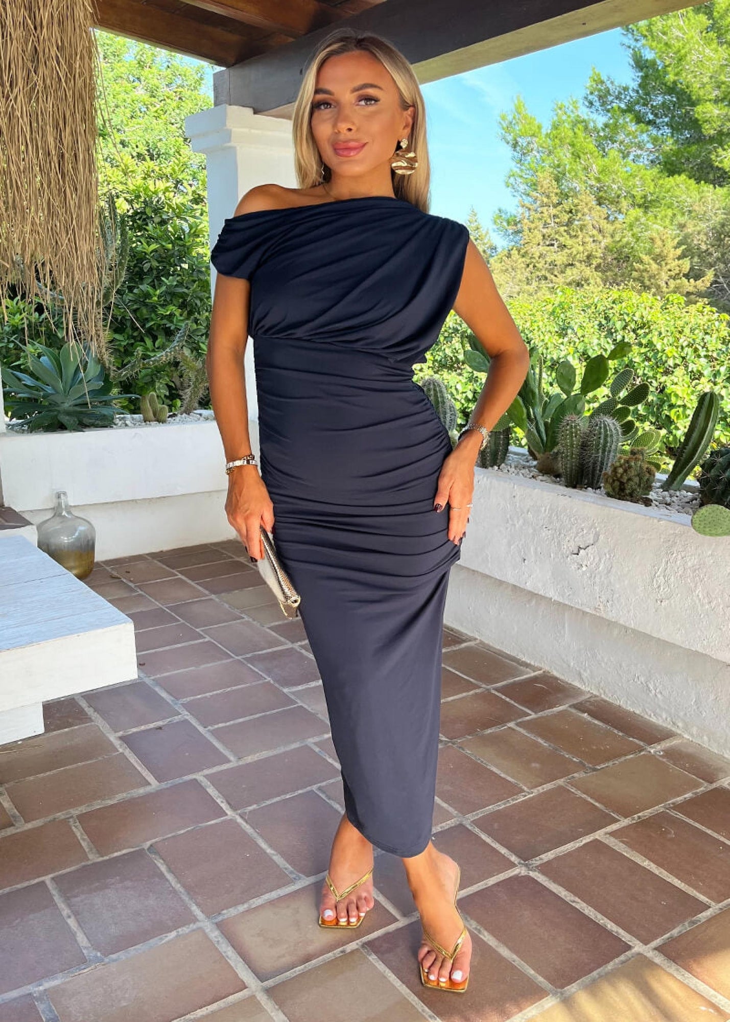 AX Paris Navy Off The Shoulder Draped Top Midi Dress - 8 | Matalan