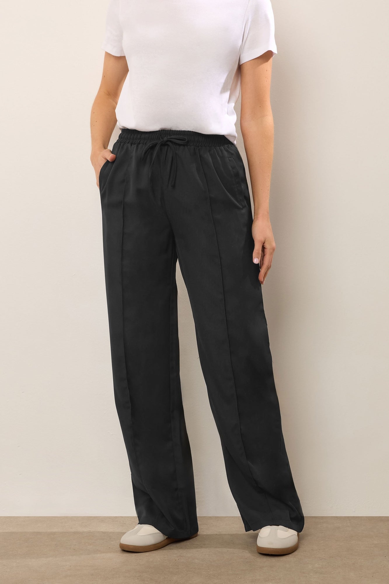 Long Tall Sally Black Tie Waist Wide Leg Trousers - Size 8, Leg 36