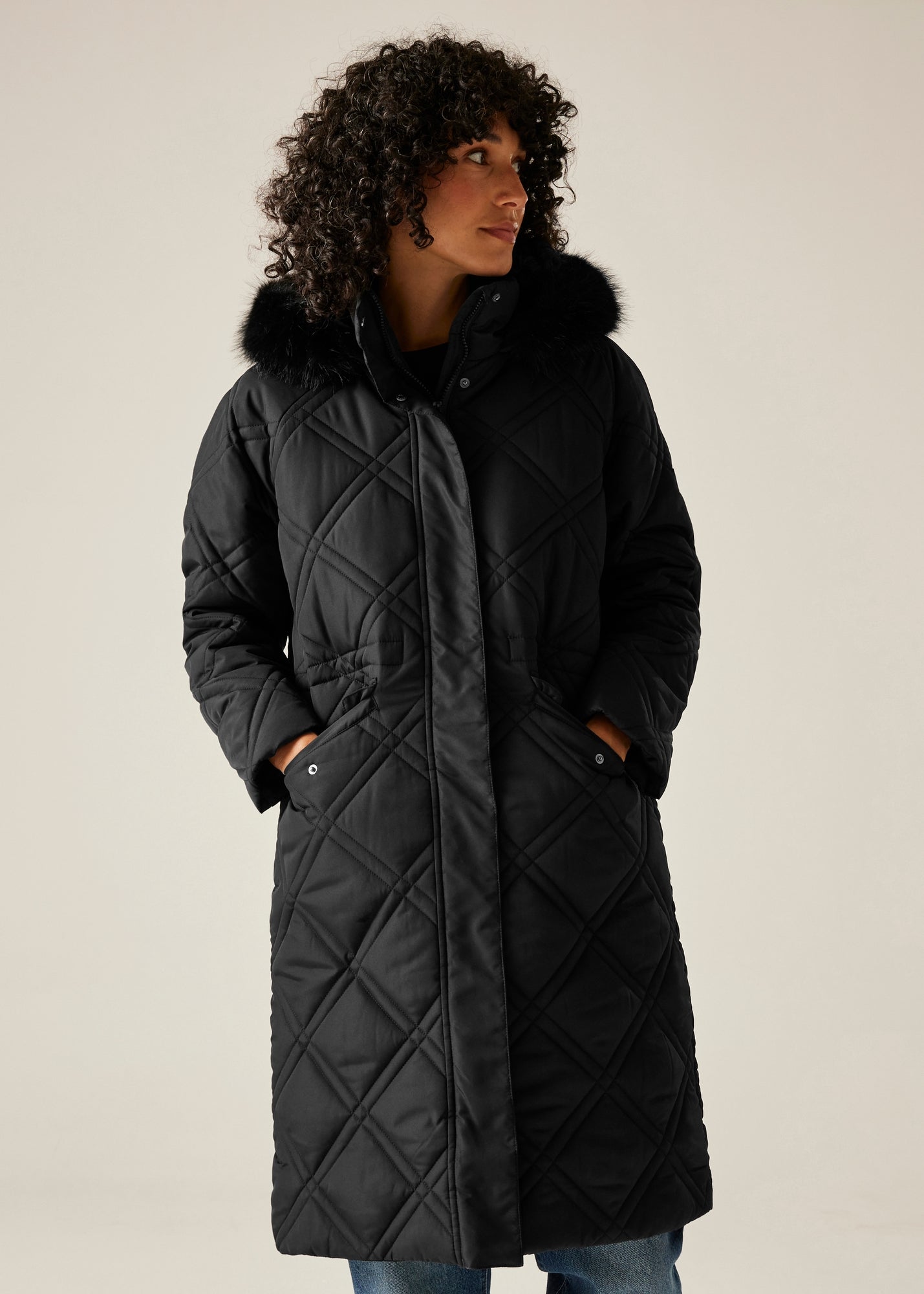 Izabel London Black Faux Fur Hood Textured Puffer Jacket - 14