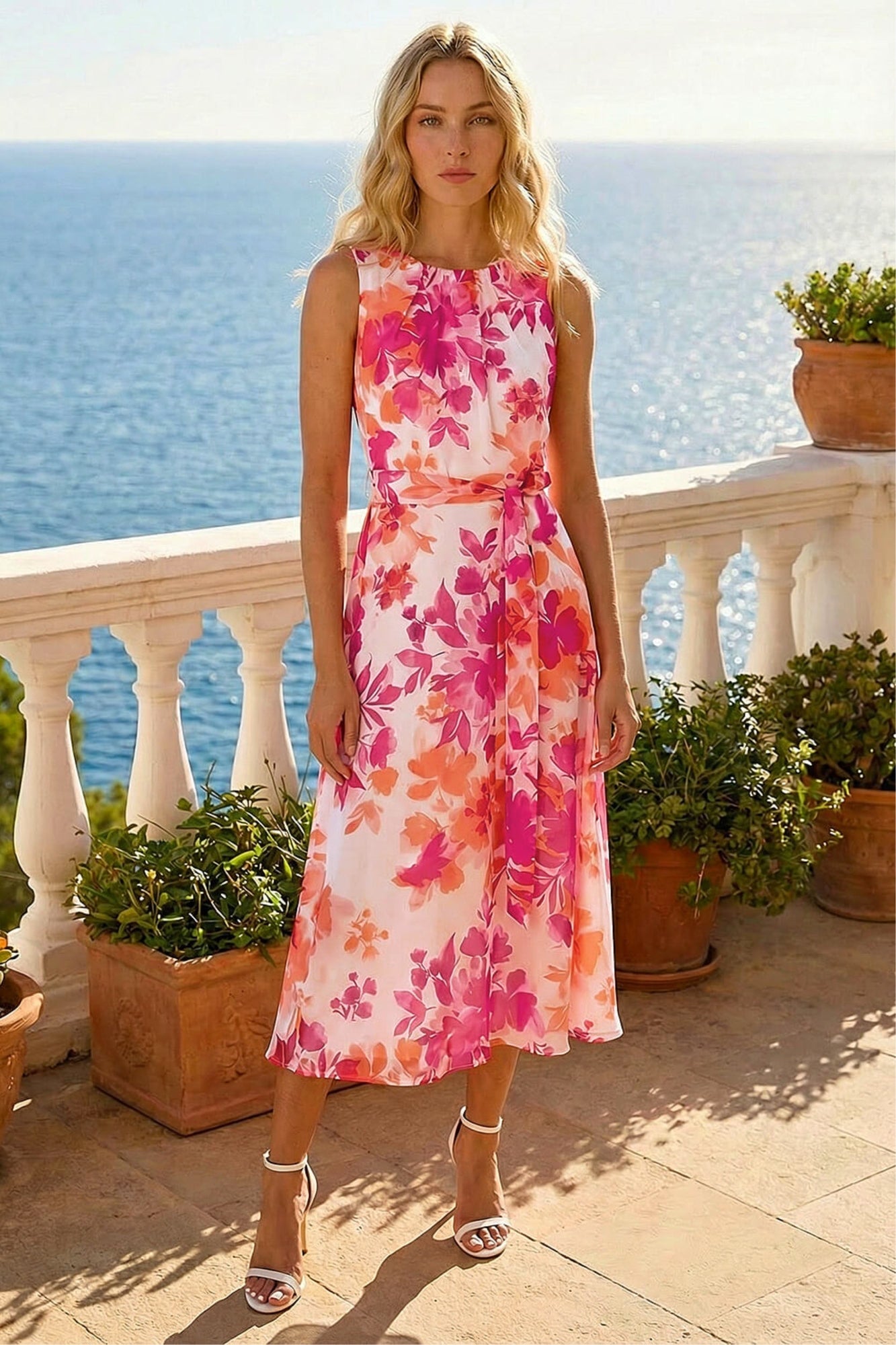 Roman Pink Floral Pleated Neck Midi Dress - 10 | Matalan