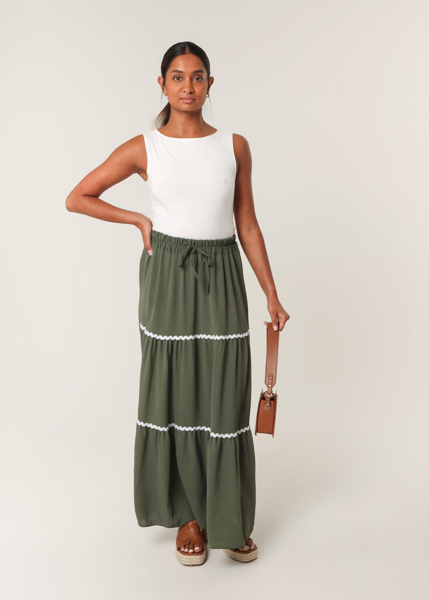 Blue Vanilla Khaki Tape Zig Zag Tiered Maxi Skirt - M/L | Matalan