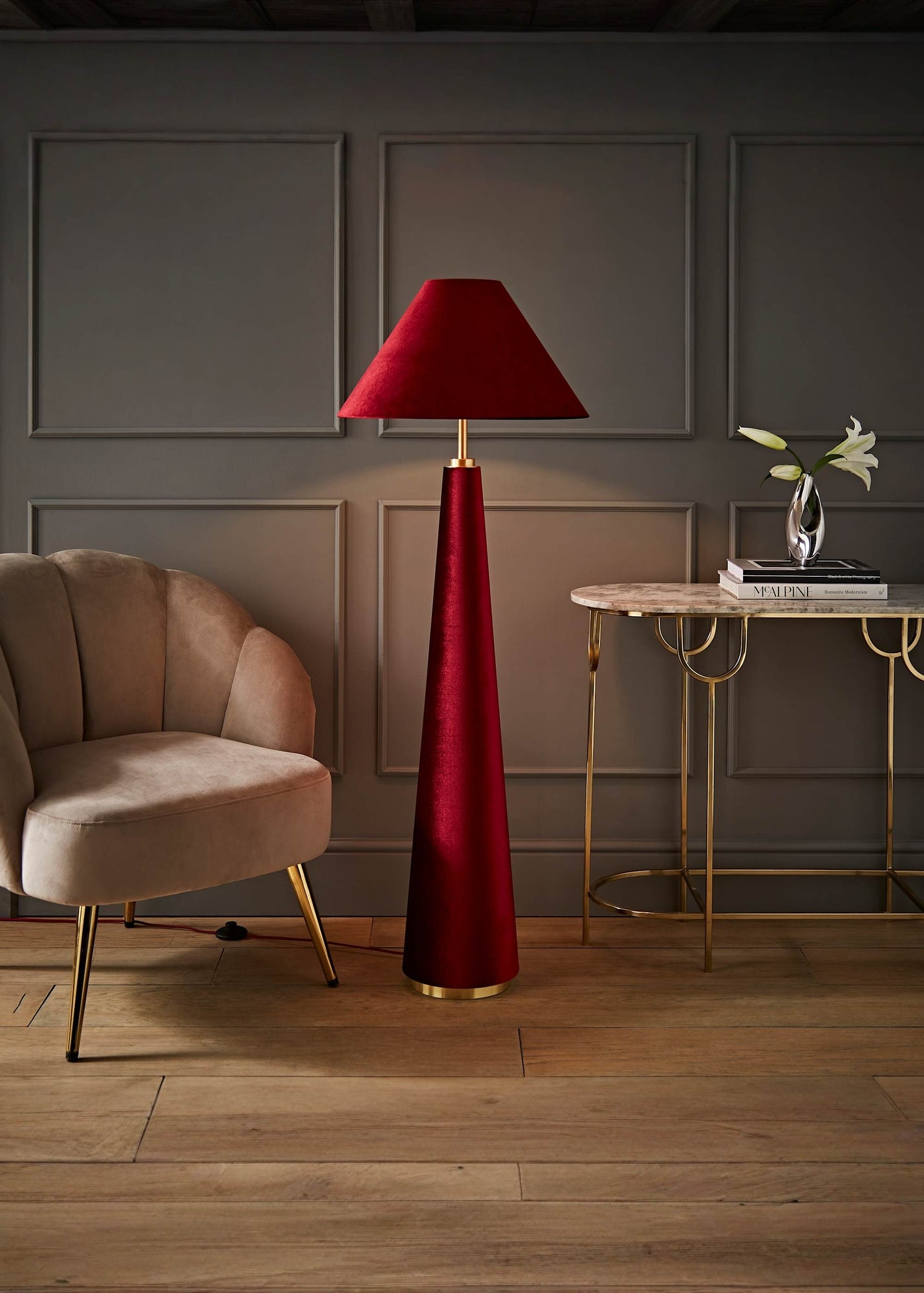 ValueLights Martha Conical Burgundy Velvet Midi Floor Lamp - One