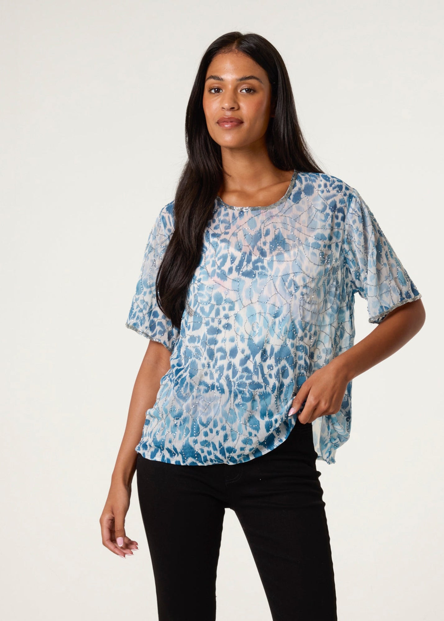 Blue Vanilla Green Embellished Chiffon Top - Medium | Matalan Blue Vanilla Green Embellished Chiffon Top - Medium | Matalan