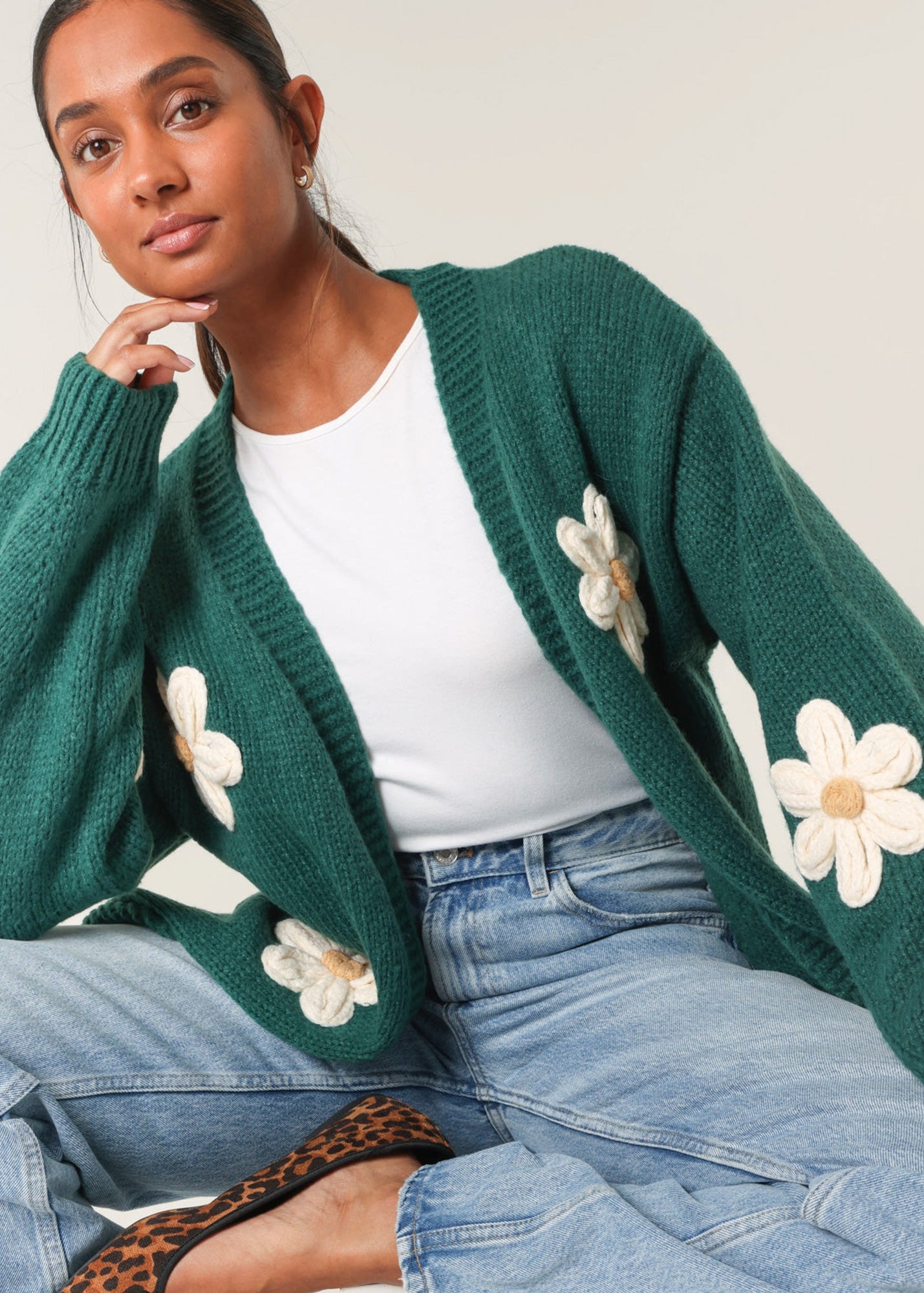 Blue Vanilla Green Daisy Large Flower Cardigan - M/L