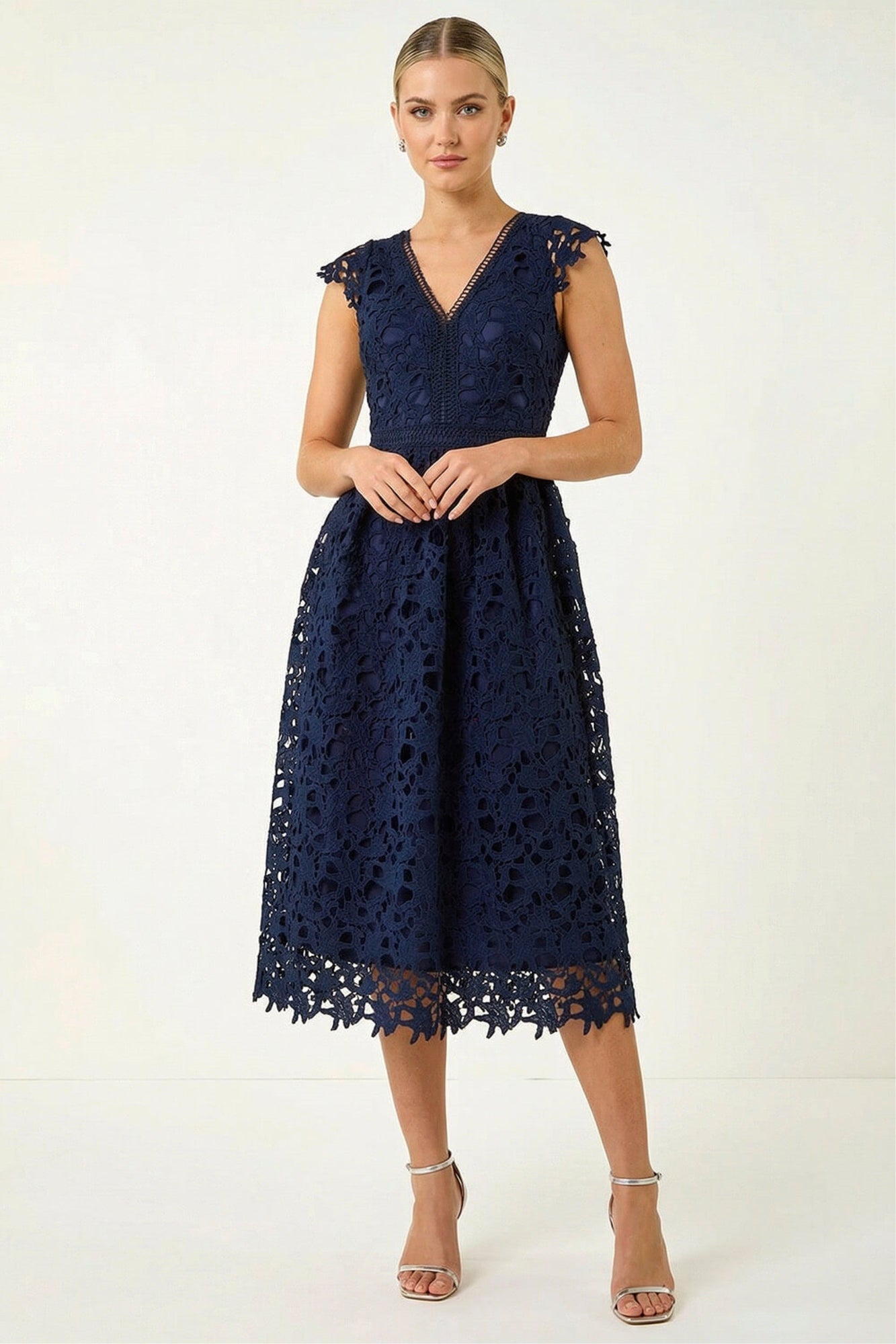 Roman Navy Premium Crochet Lace Midi Dress - 10