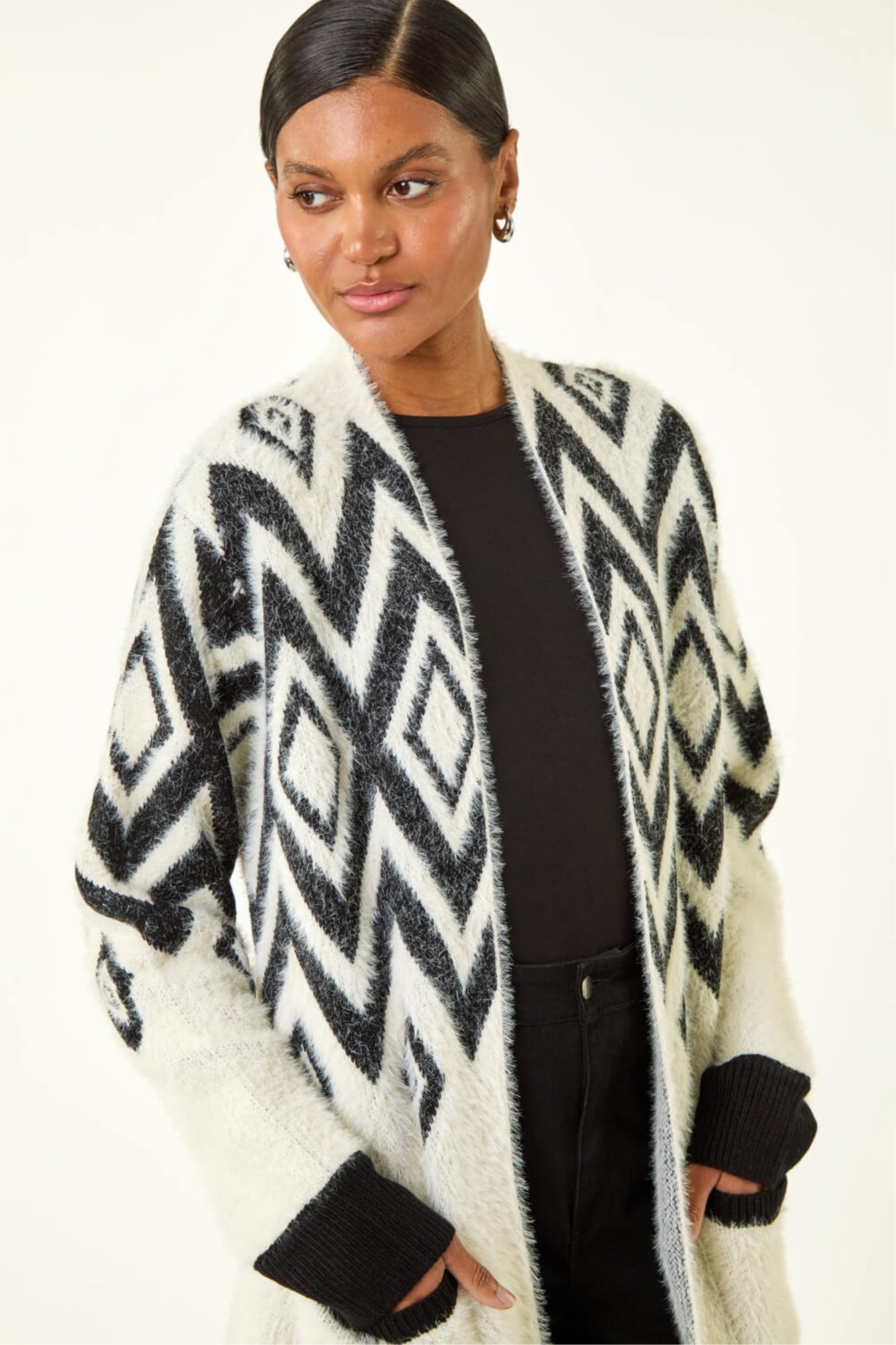 Roman Black Argyle Longline Knit Cardigan - One Size