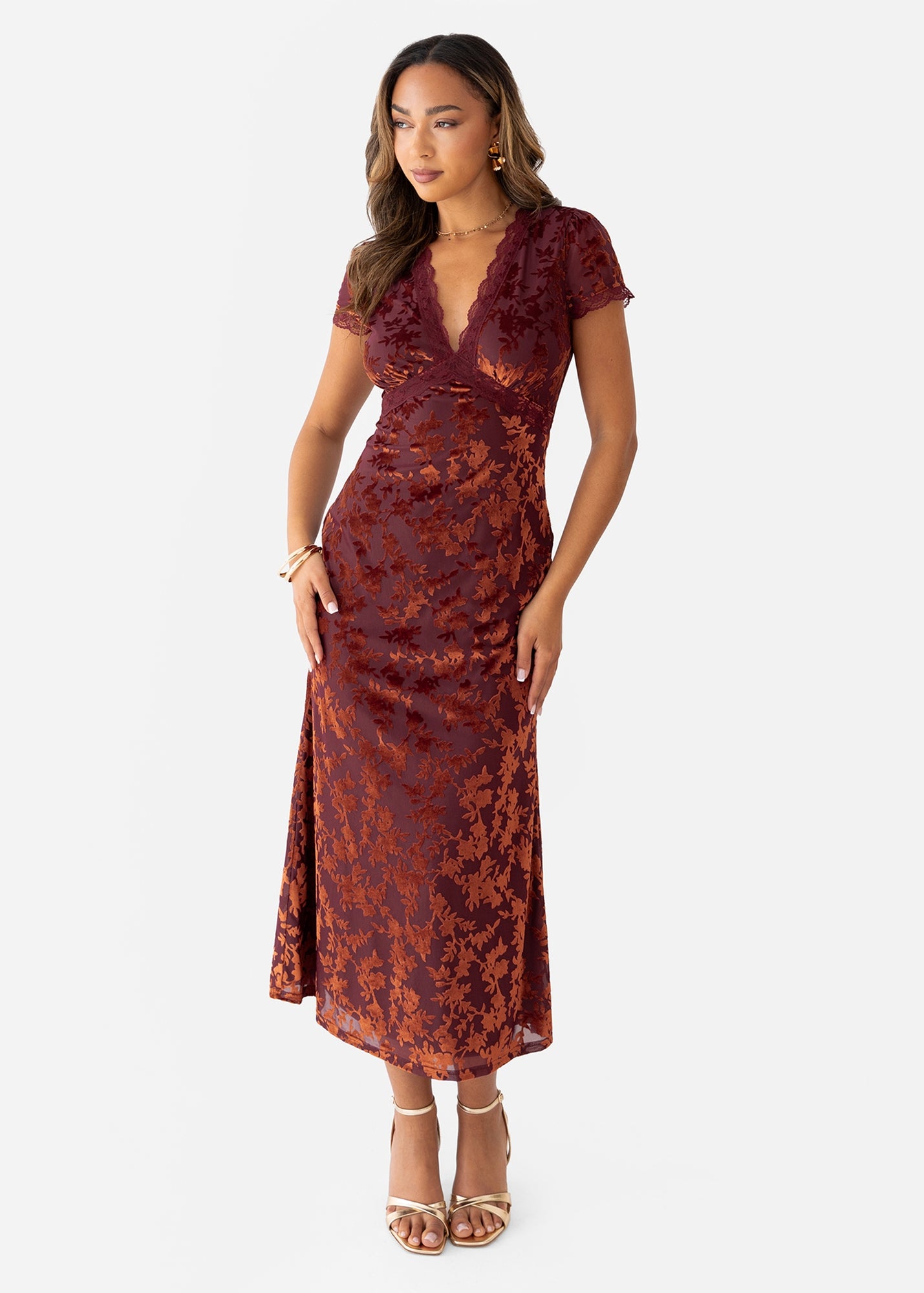 Maya Deluxe Copper Rose Floral Velvet Devore V Neck Midaxi Dress - 18