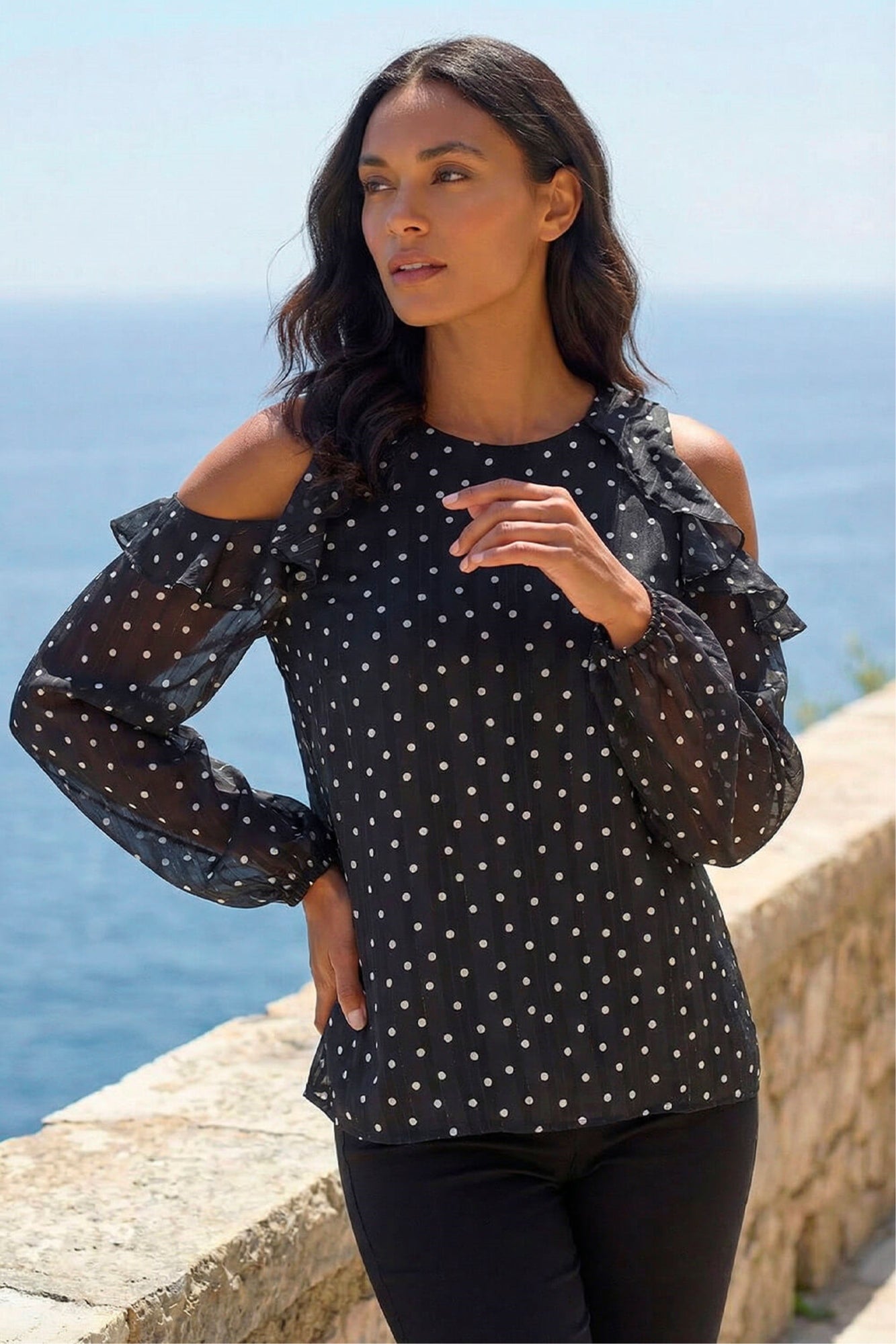 Roman Black Spot Print Frill Cold Shoulder Top - 10 | Matalan