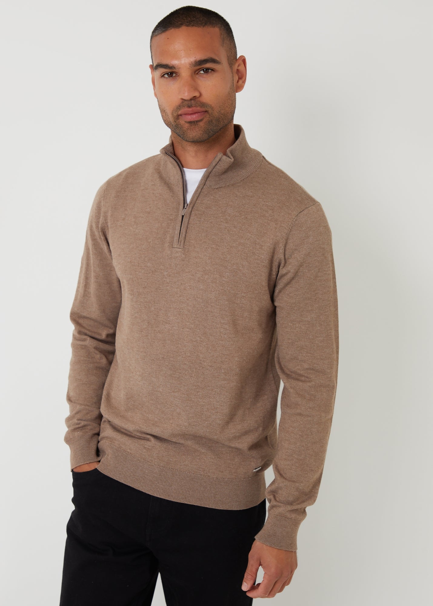 Threadbare Taupe Funnel Neck Quarter Zip Knitted Jumper - M