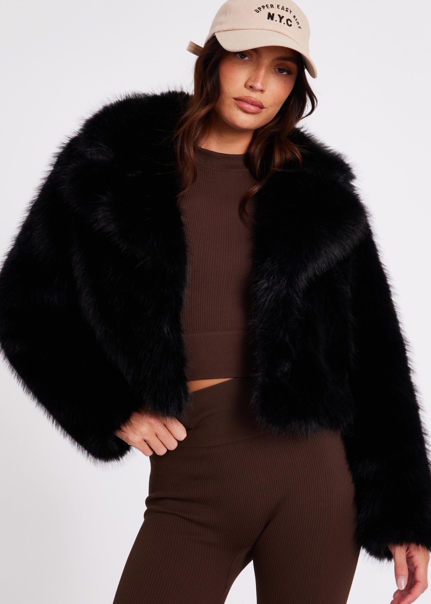 Quiz Black Faux Fur Cropped Jacket - Size 6 | Matalan