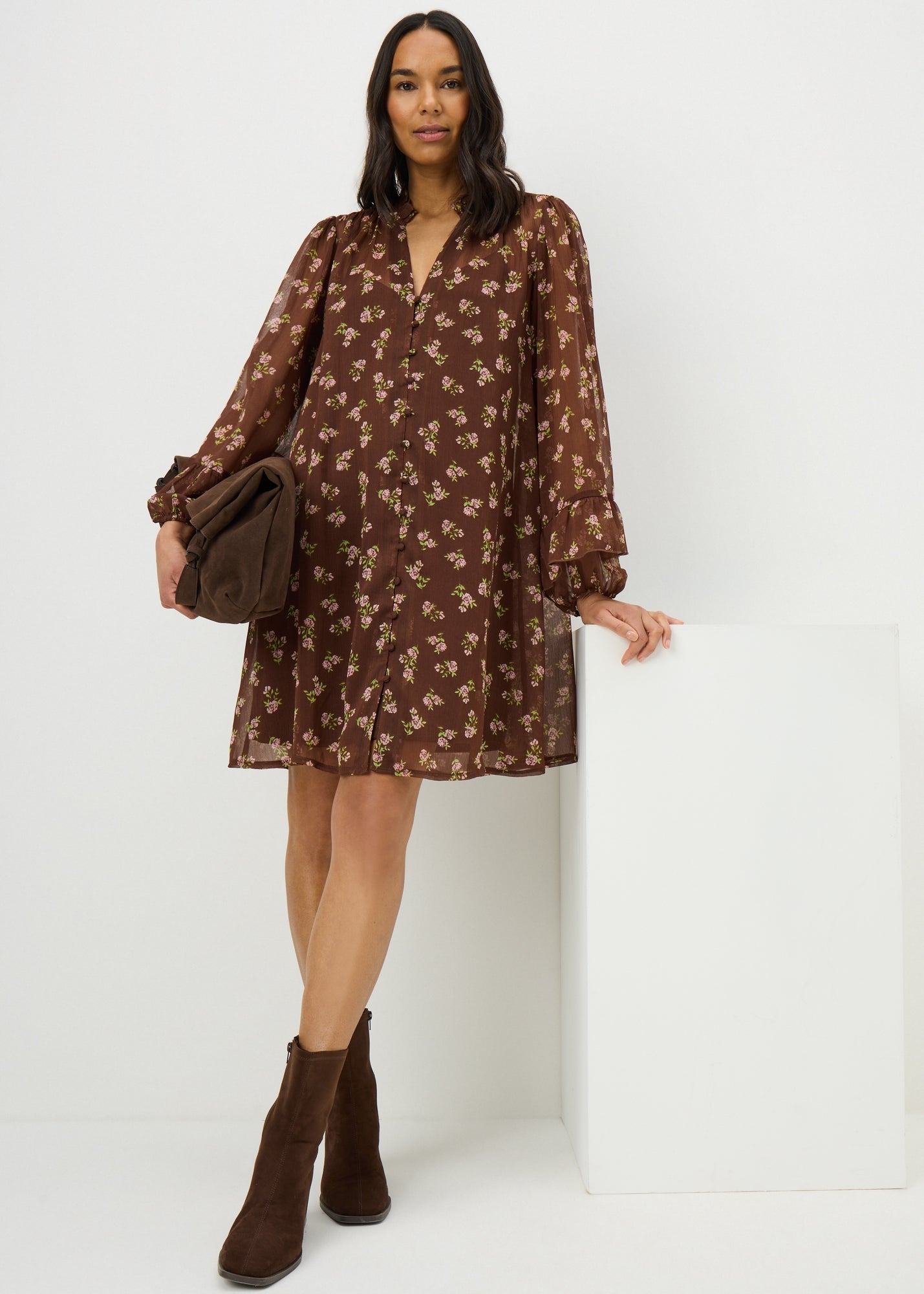 Brown Ditsy Floral Sheer Ruffle Mini Dress - 8