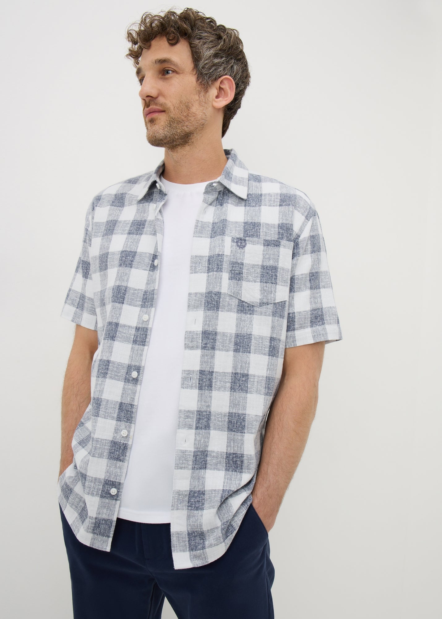 Lincoln Blue Dobby Check Short Sleeve Shirt: - S | Matalan
