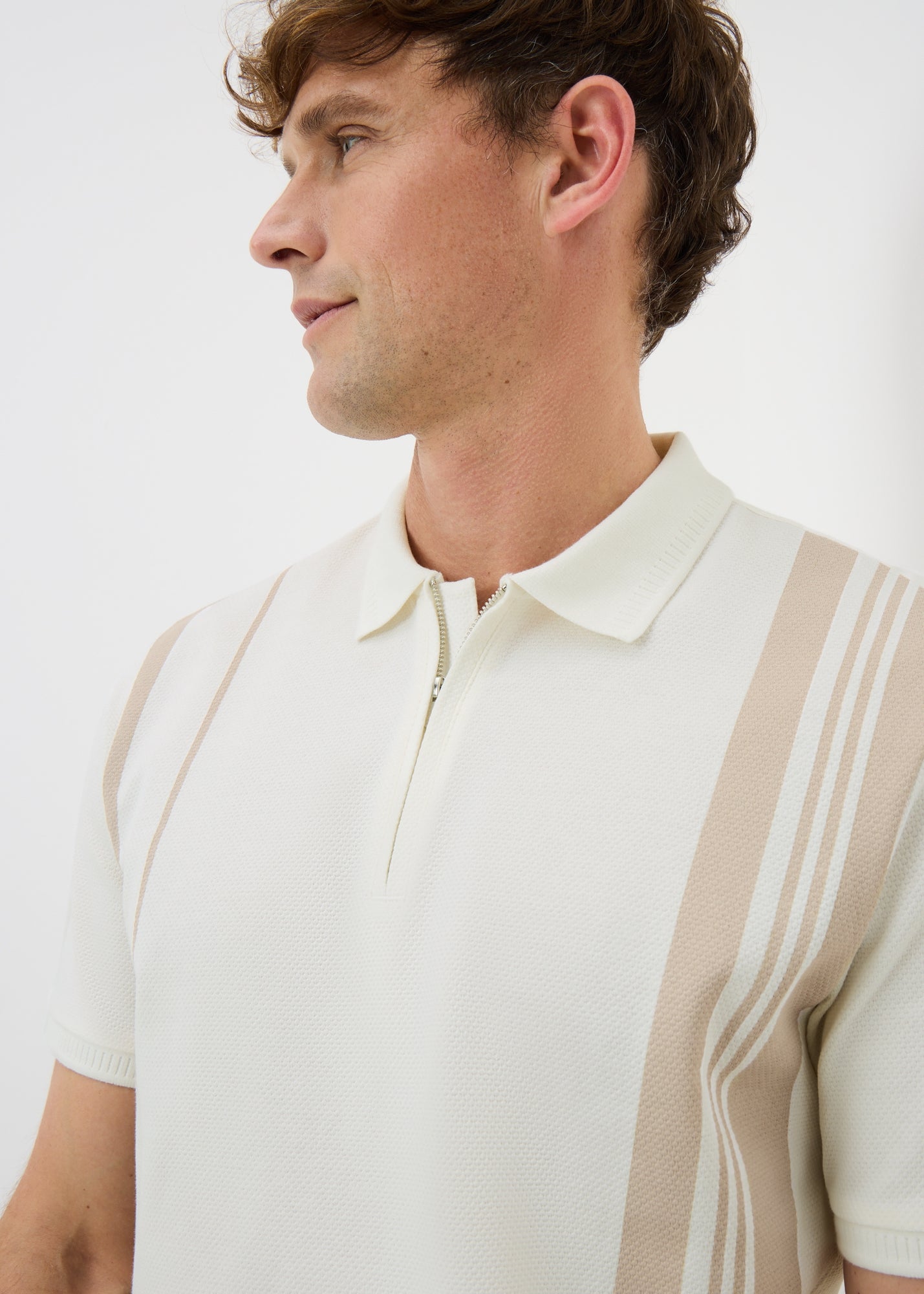Firetrap White Regular Fit Textured Zip Up Polo Shirt - S