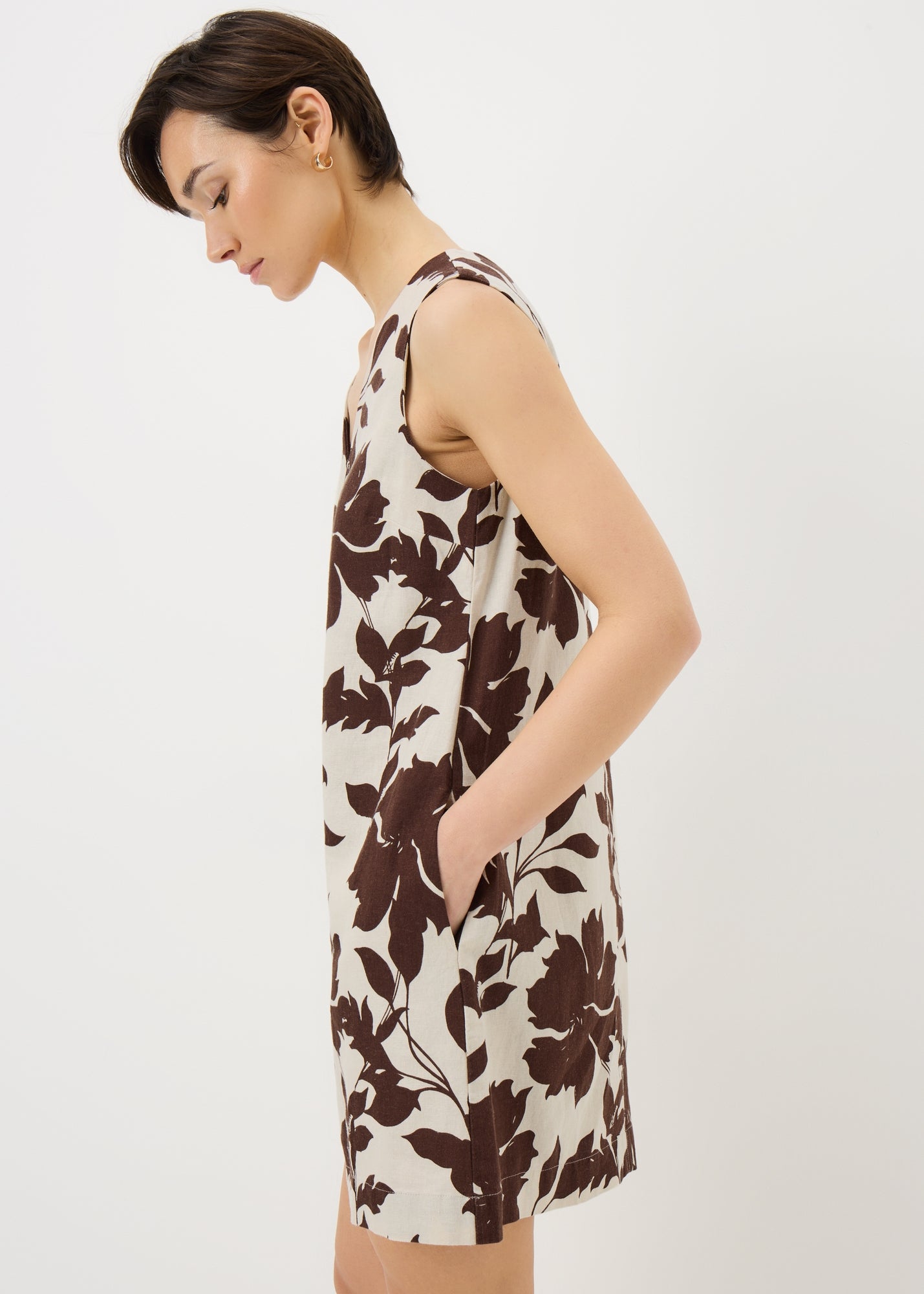 Black V-Neck Linen Rich Mini Dress - 8