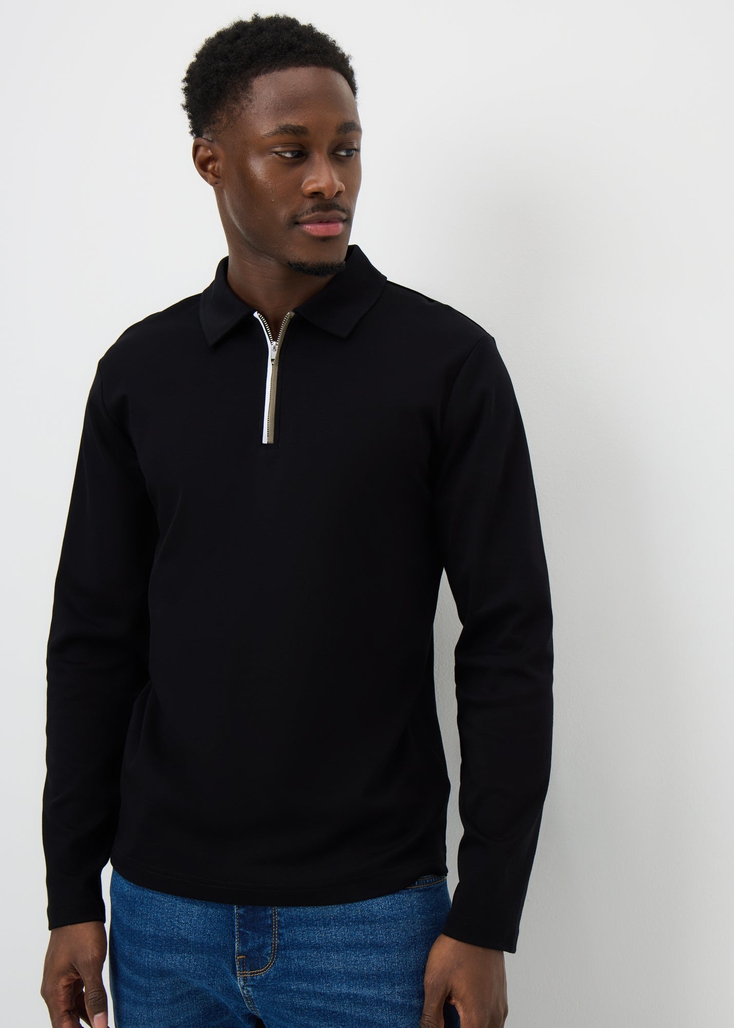 Black Liquid Cotton Long Sleeve Polo Shirt - S