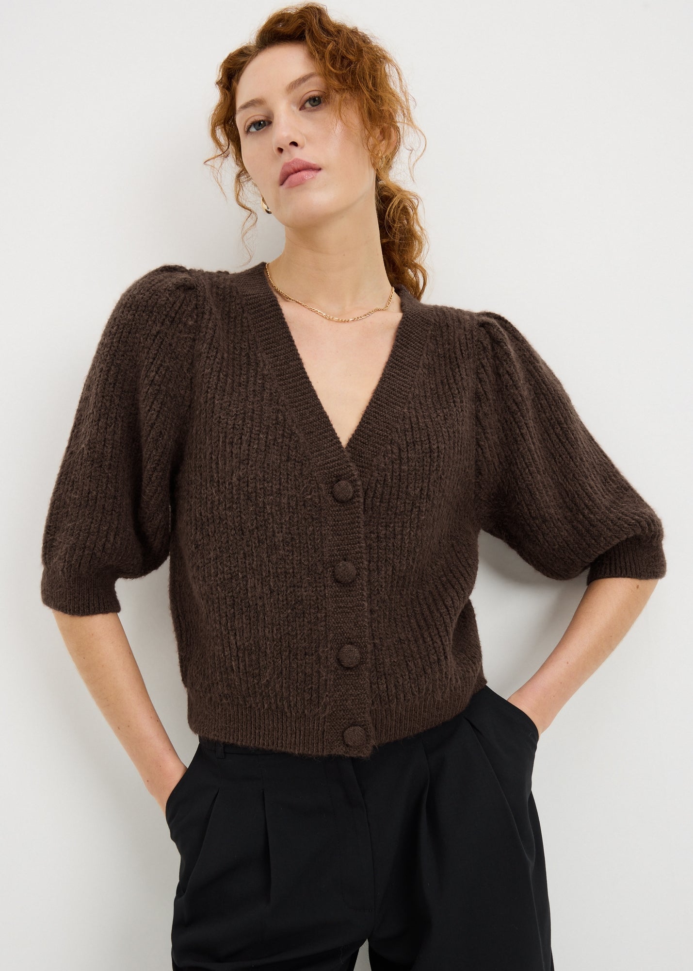 Chocolate Brown Fluffy Knit Cardigan - XS | Matalan