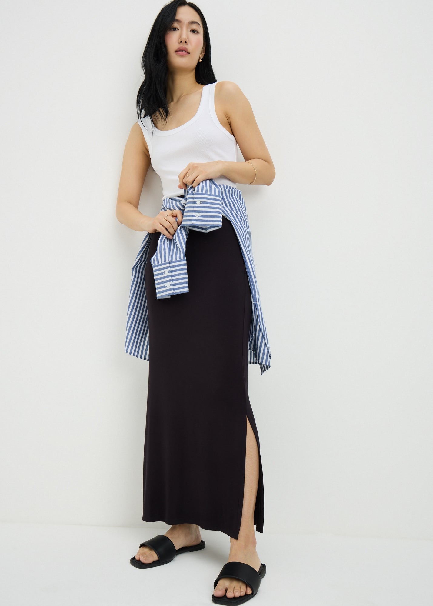 Jupe Longue Max Studio – Rayée Jersey – Taille M (10-12) – Taille élastique – Bleue