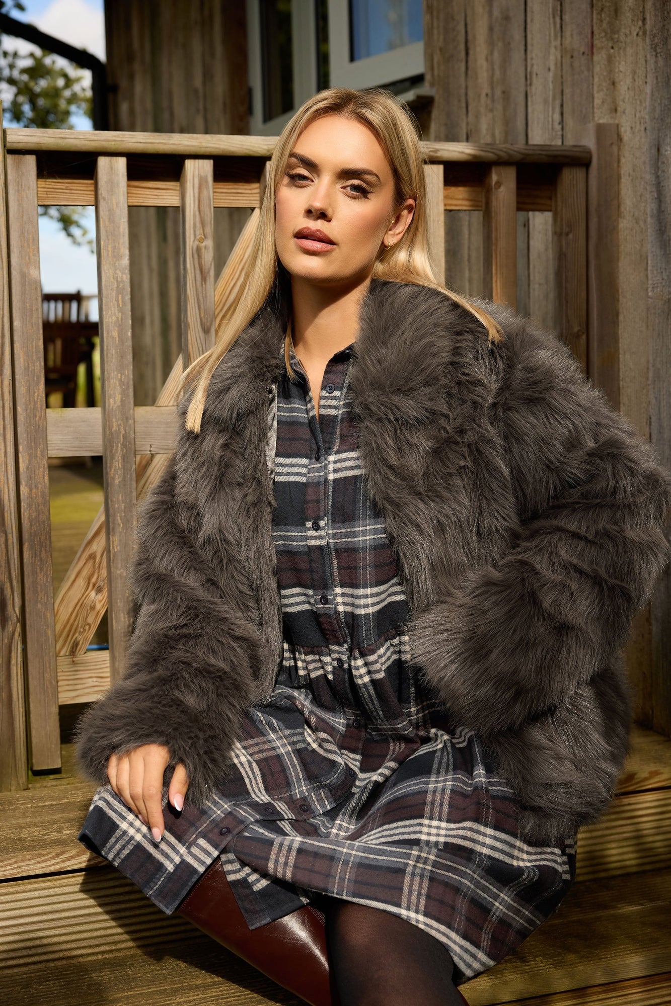 Yours Curve Brown Faux Fur Collared Jacket - 14 | Matalan