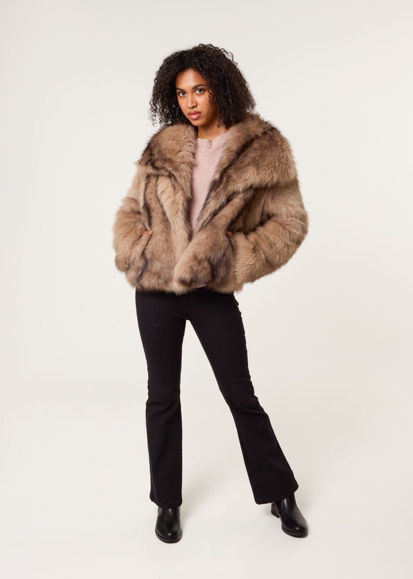 Gini London Brown Snow Leopard Faux Fur Short Jacket - L/XL
