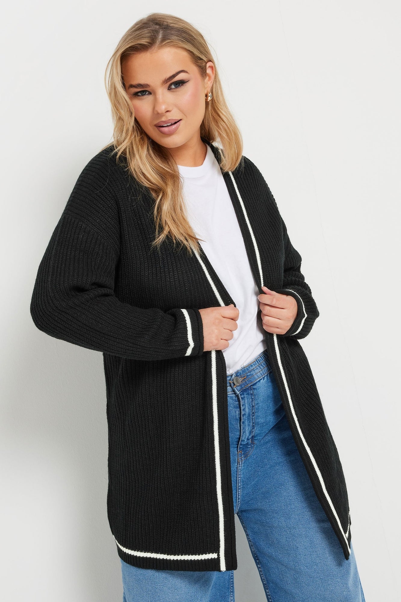 Yours Curve Black Contrast Knitted Cardigan - 26-28