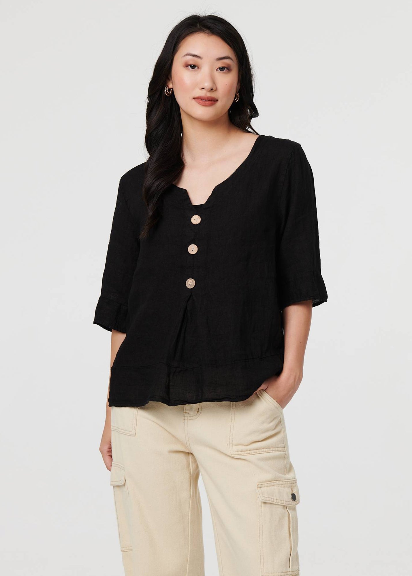 Izabel London Black Button Detail 3/4 Sleeve Relaxed Blouse - 8