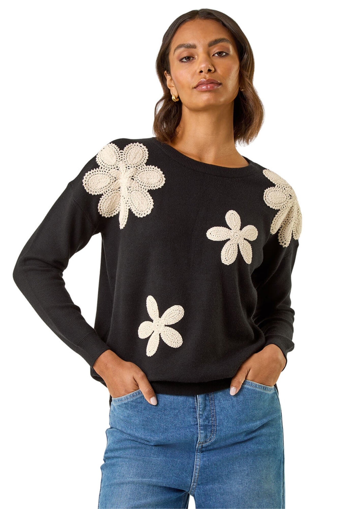 Roman Black Floral Lace Knit Jumper - 24