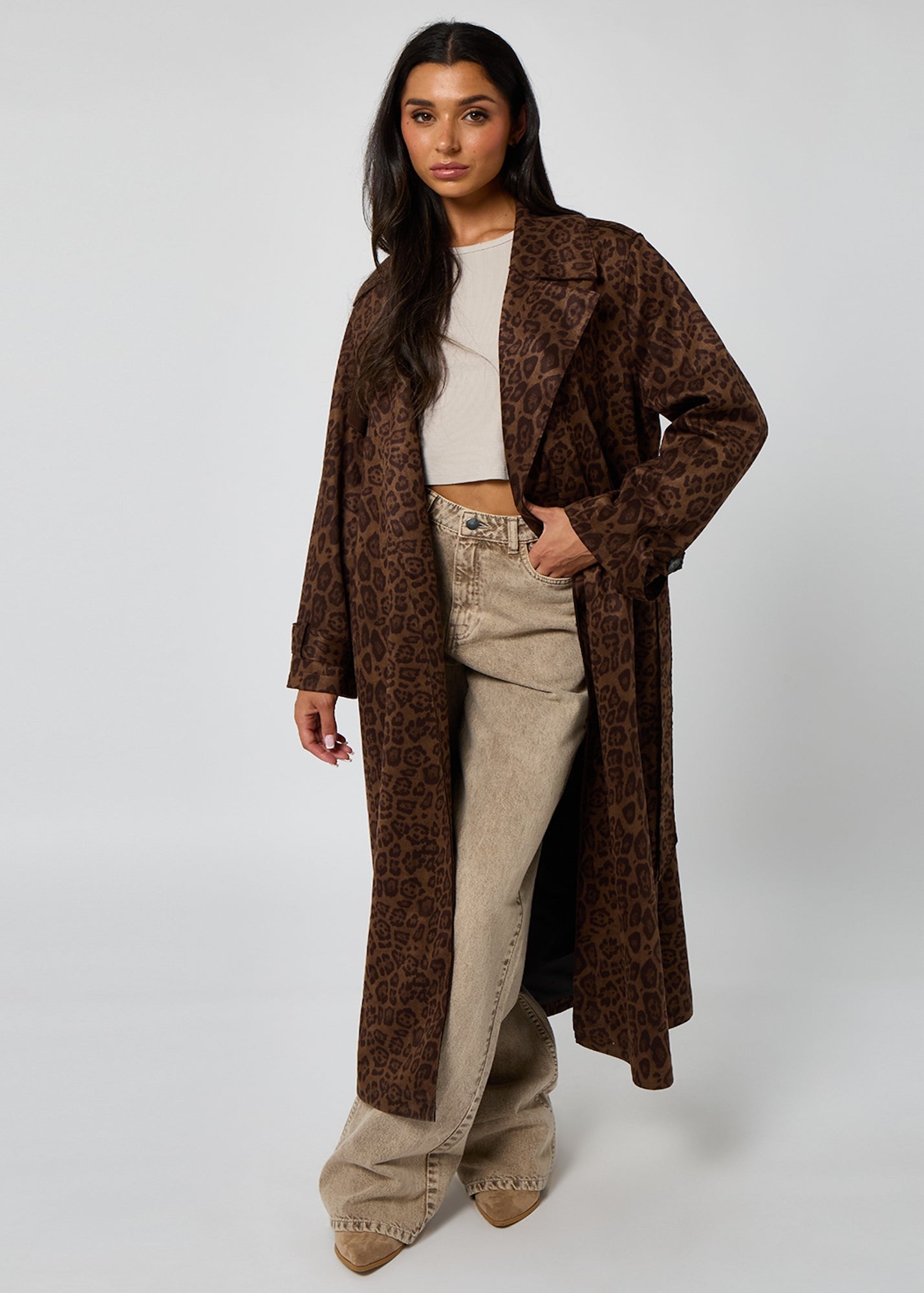 Urban Bliss Brown Leopard Suede Trench Coat - 12 | Matalan
