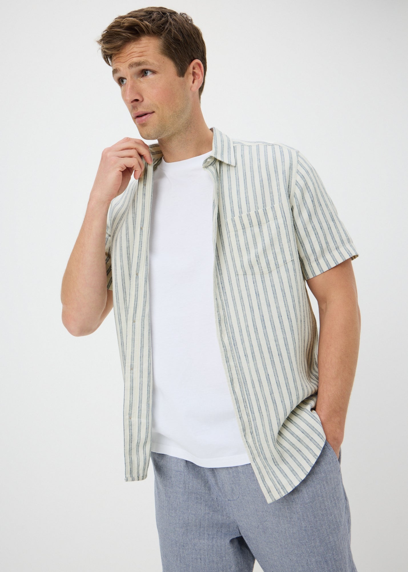 トップス ARGUE STRIPE LINEN SOLODITY SHIRT Blue Stripe Linen Blend Shirt - S | Matalan