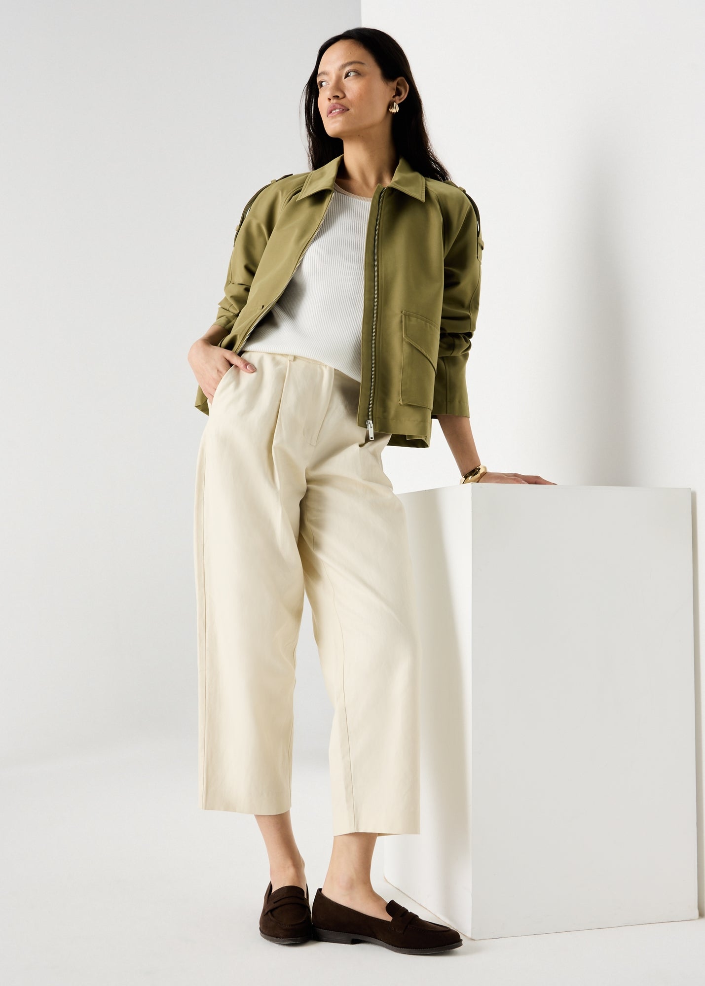 PixieGirl Petite Olive Green Cropped Trench Duster Coat - 6 | Matalan