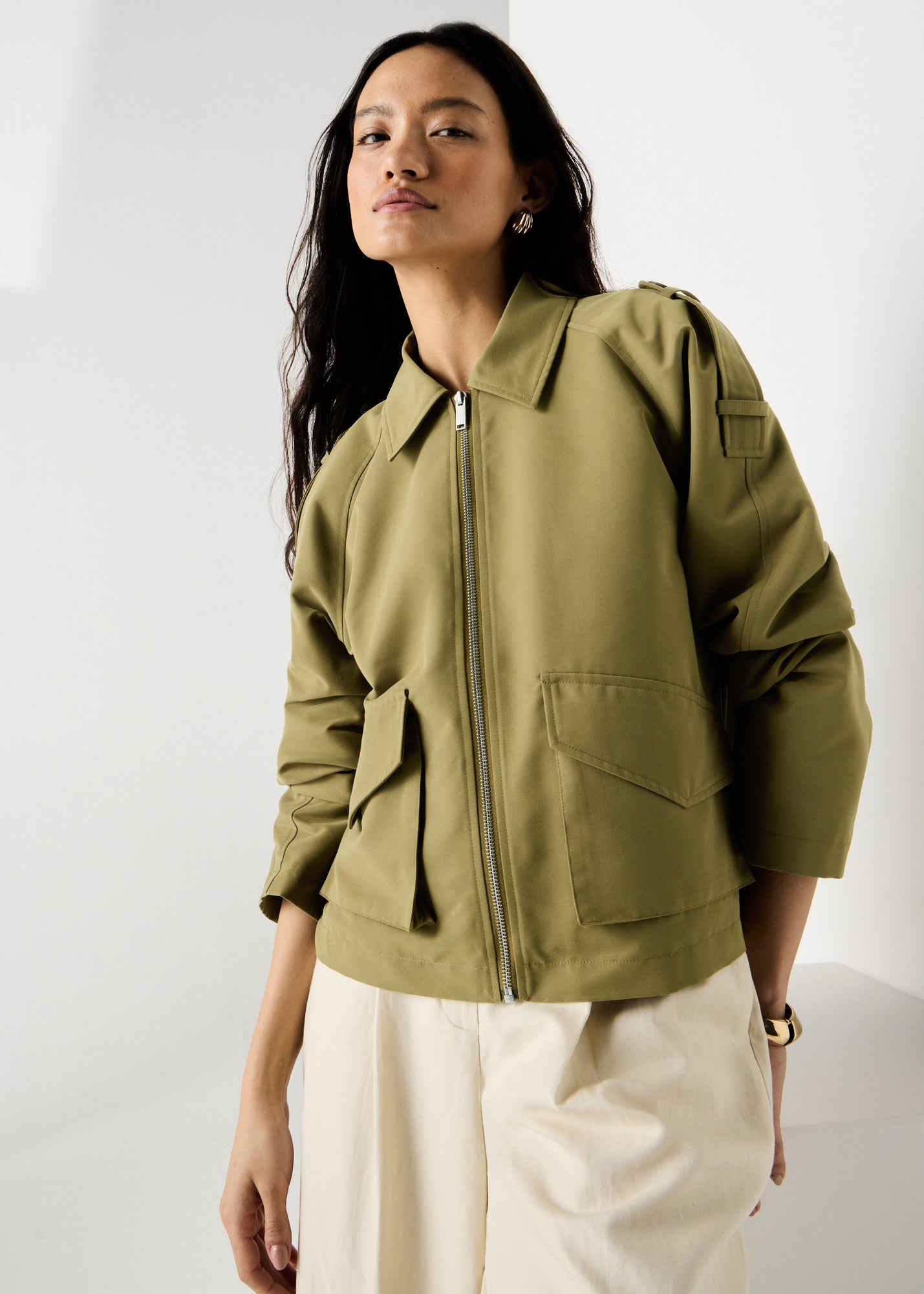 PixieGirl Petite Olive Green Cropped Trench Duster Coat - 6 | Matalan