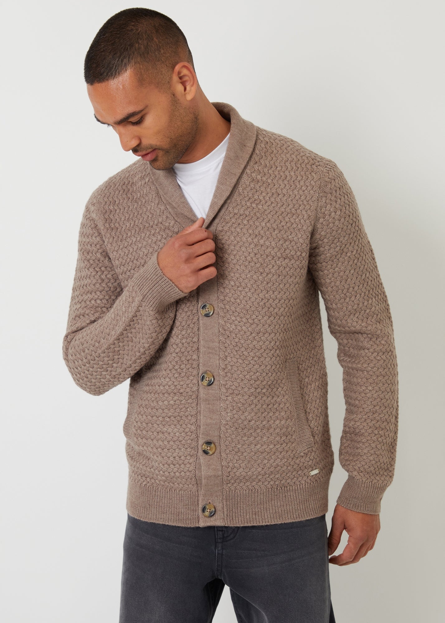 Threadbare Taupe Shawl Collar Knitted Cardigan - L