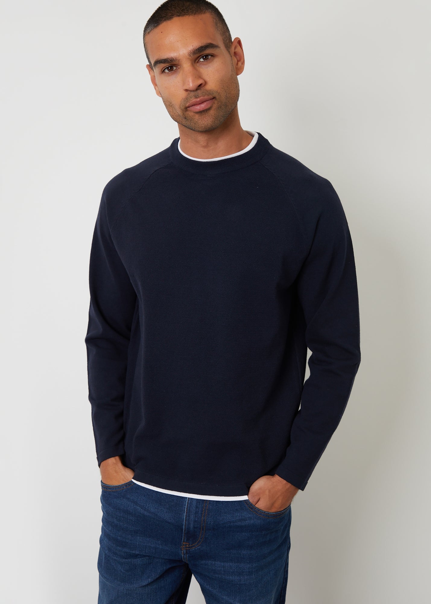Threadbare Navy Mock Tee Textured Knit Crew Neck Jumper - 2XL