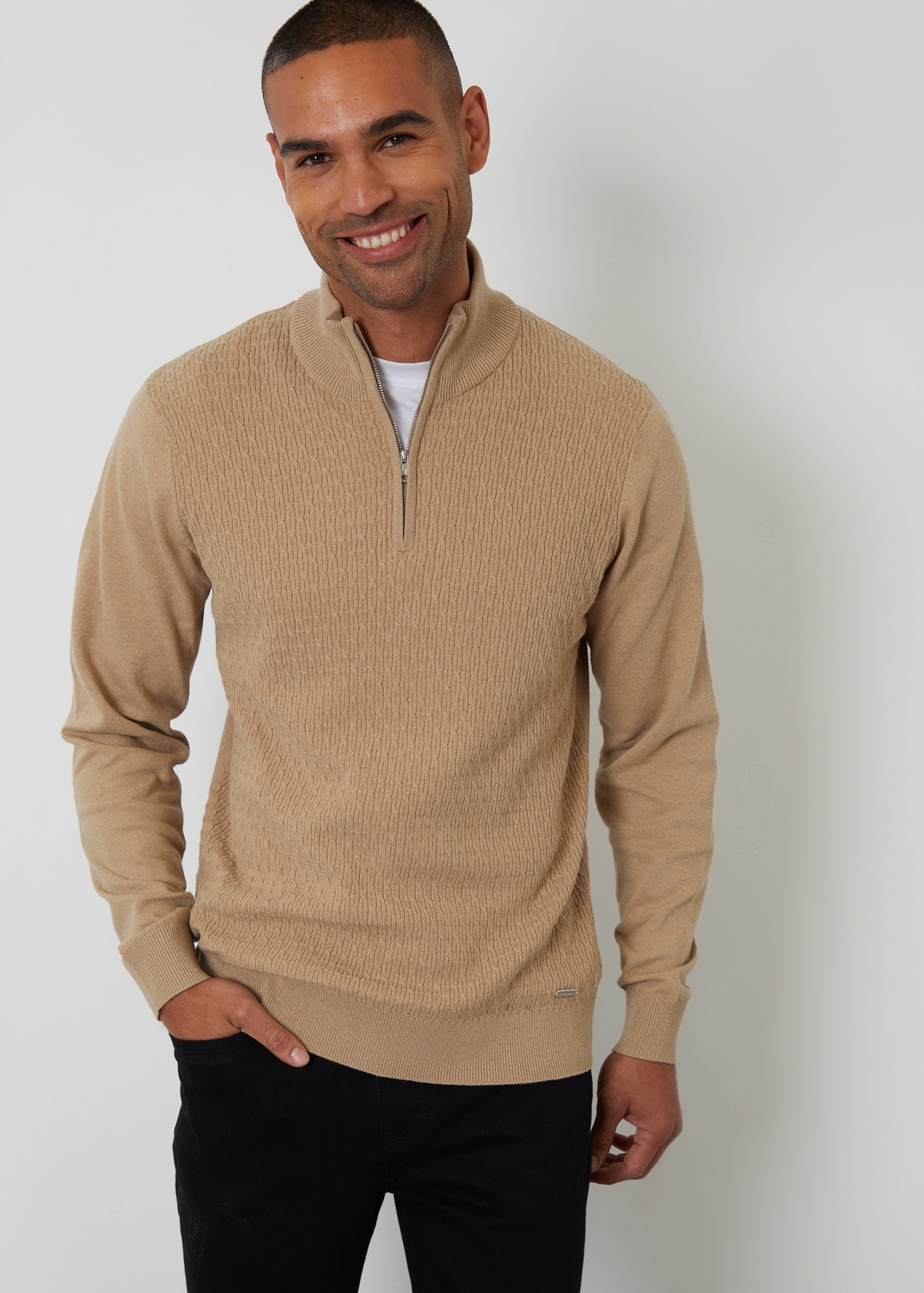 Threadbare Taupe Mini Cable Knit Quarter Zip Jumper - S | Matalan