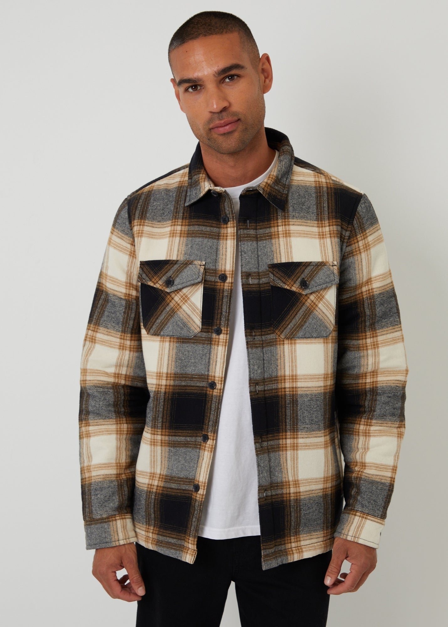 Threadbare Camel Check Brushed Borg Lined Shacket - S