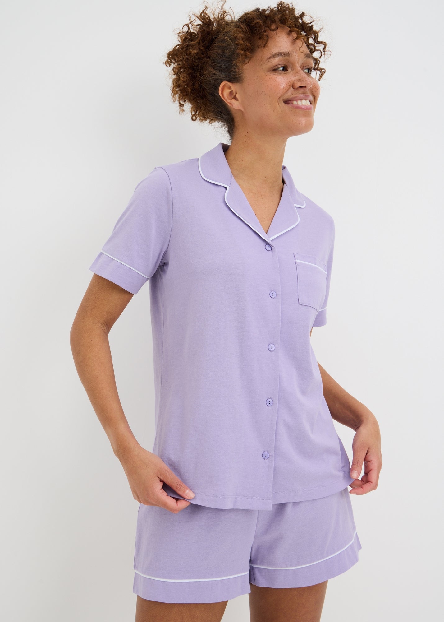 Lilac Marl Traditional Button Up Short Pyjama Set - XS | Matalan